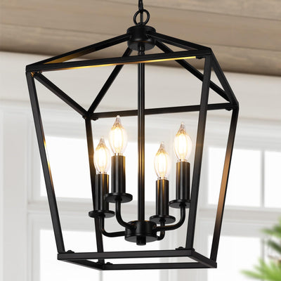 BrightHome Farmhouse Chandelier 4-Light, Black Pendant Light Fixture for Kitchen Island Dining Room, Lantern Industrial Lighting Ceiling Hanging with Metal Cage Adjustable Height for Entryway Foyer