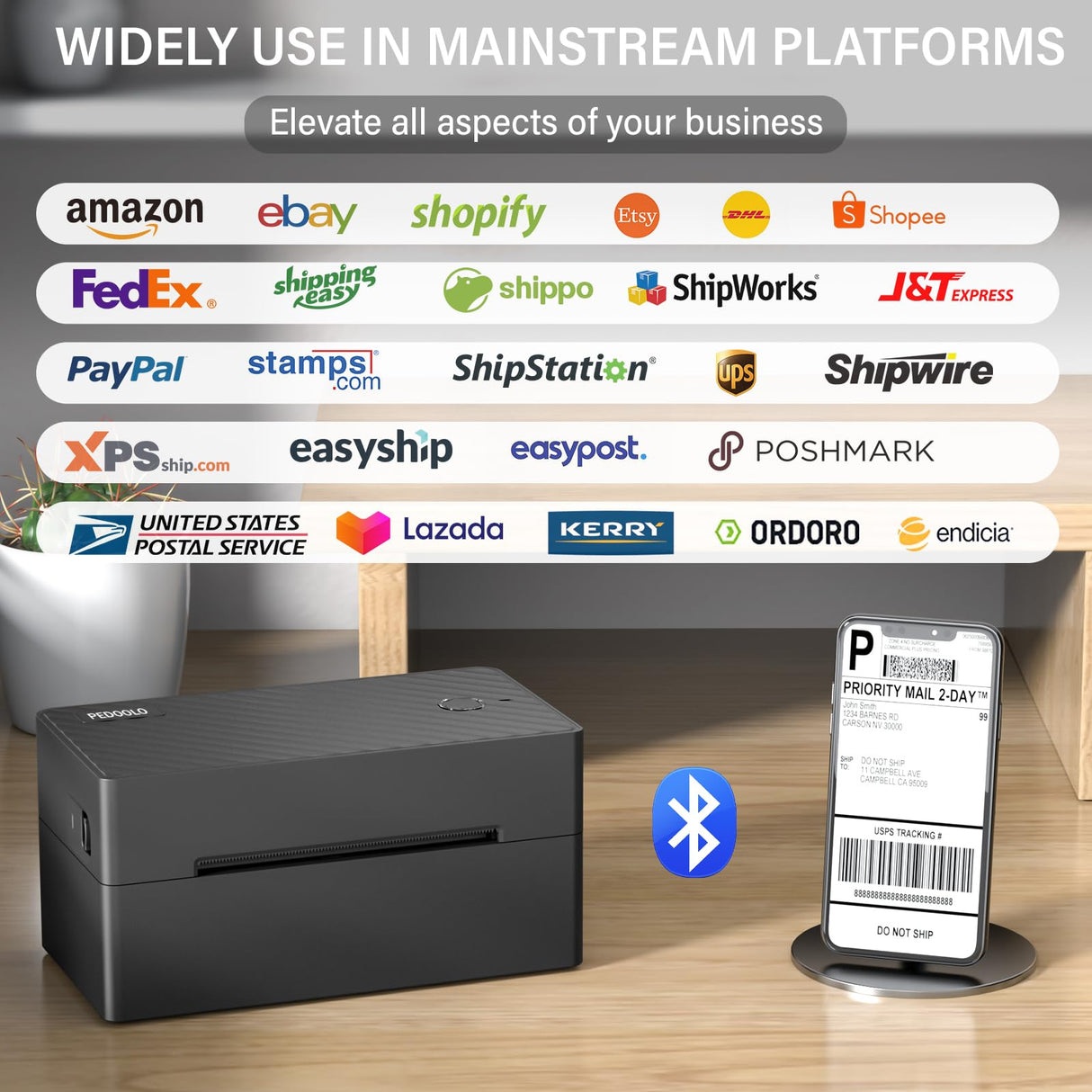 PEDOOLO Label Printer, Bluetooth Shipping Label Printer, 4x6 Thermal Printer for Shipping Packages, Compatible with Android. iPhone.Windows, Mac, Chromebook, Amazon, Ebay, UPS.USPS, FedEx, Shopify PEDOOLO