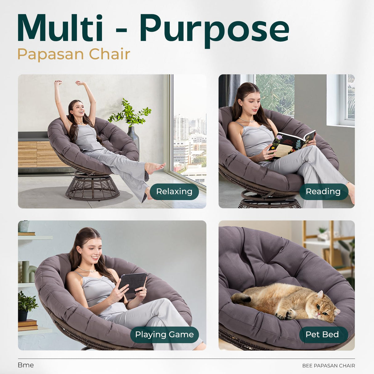 Bme Smoky - Brown Bee Base 40" Ergonomic Wicker Papasan Chair with Soft Thick Density Fabric Cushion, Bee-Designed Base, High Capacity Steel Frame, 360 Degree Swivel for Living, Bedroom, Reading Room Bme