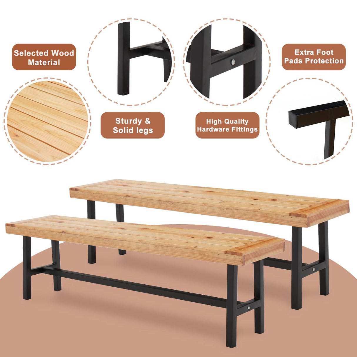 AVAWING Outdoor Dining Bench Set of 2, Wood Patio Backless Bench 63" Picnic Chairs, Wooden Farmhouse Bench for 6 People, Long Garden Park Porch Backyard Deck, Natural AVAWING