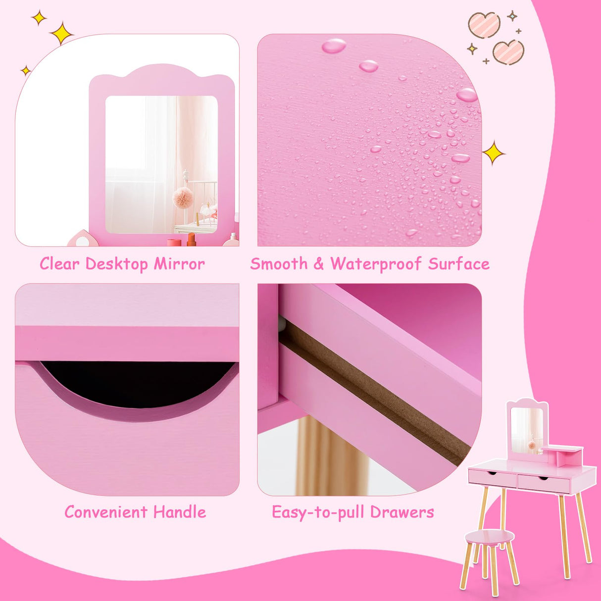 Costzon Kids Vanity Set, Girls Vanity Set with Mirror and Stool, 2 Large Drawers, Storage Shelf, Wooden Princess Makeup Dressing Table, Pretend Play Vanity Table and Chair Set for Toddlers (Pink) Costzon