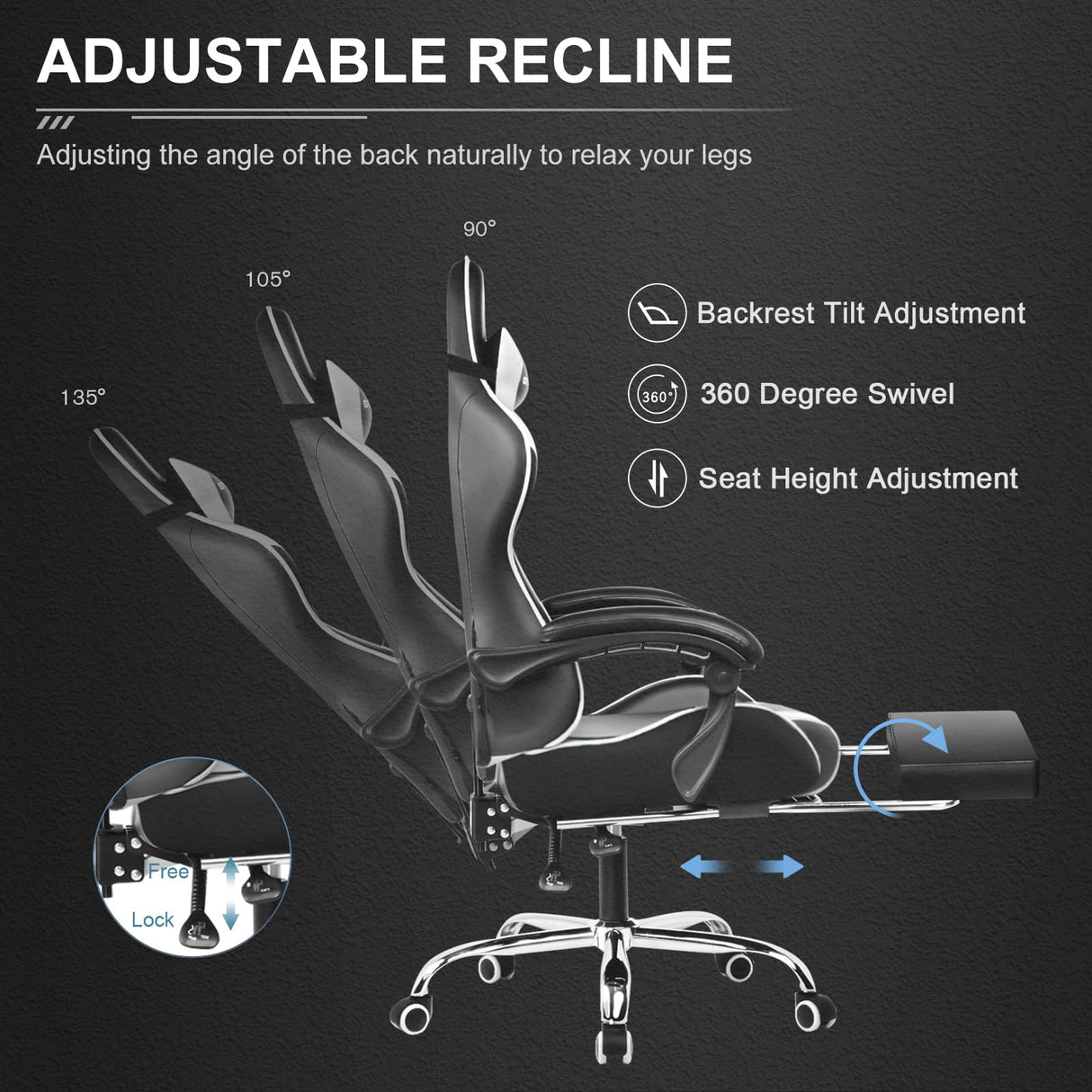 GTPLAYER Gaming Chair, Computer Chair with Footrest and Lumbar Support, Height Adjustable Game Chair with 360°-Swivel Seat and Headrest and for Office or Gaming (White) GTPLAYER