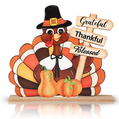 Thanksgiving Decorations Wooden Turkey Table Sign Pumpkin Autumn Table Centerpieces Standing Tabletop Happy Thanksgiving for Holiday Fall Harvest Home Room Table Shelf Farmhouse Decorations Grateful