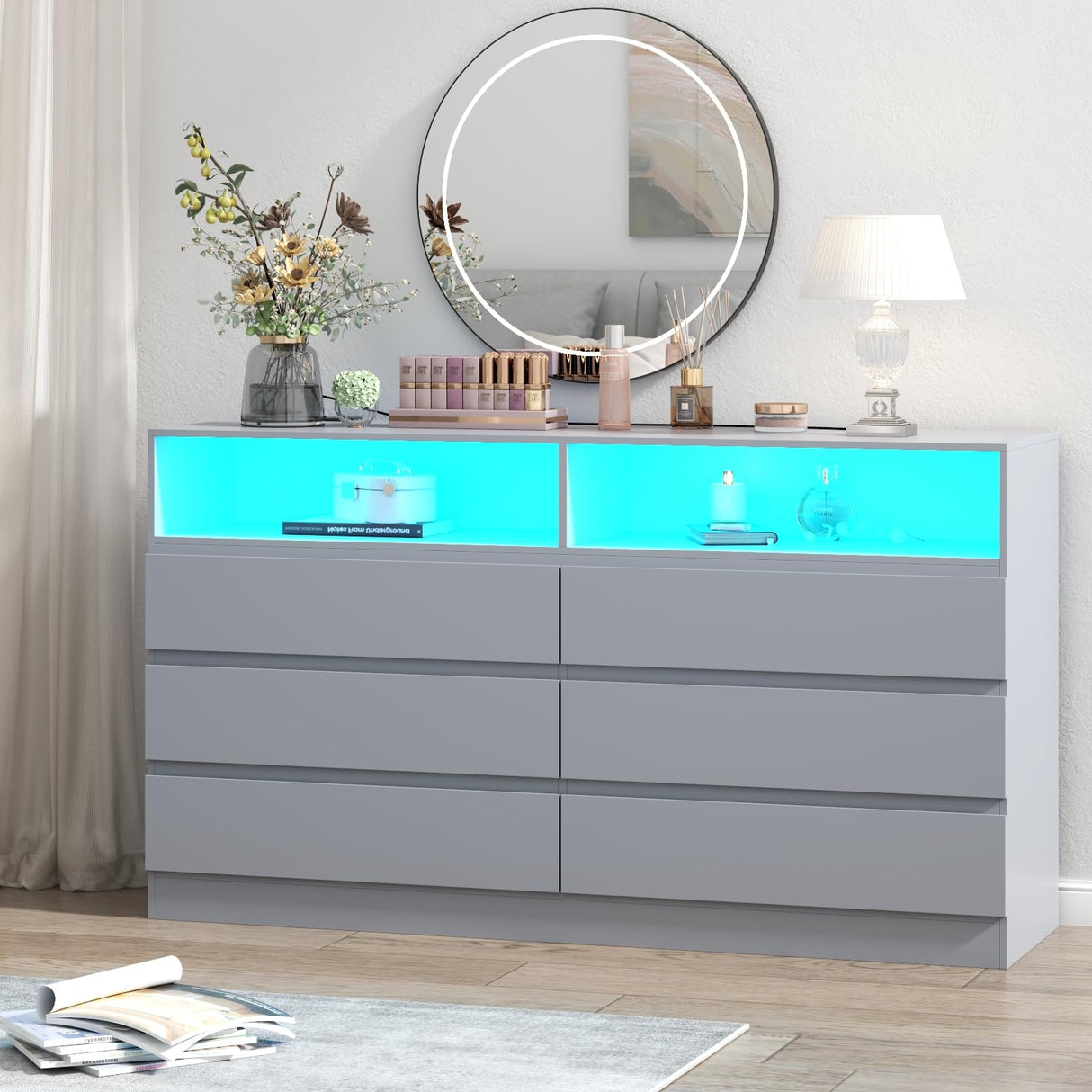 Gyfimoie 6 Drawers Dresser with Power Outlet, Accent Chests of Drawers with LED Light, Modern Storage Dresser for Bedroom, Living Room Gyfimoie