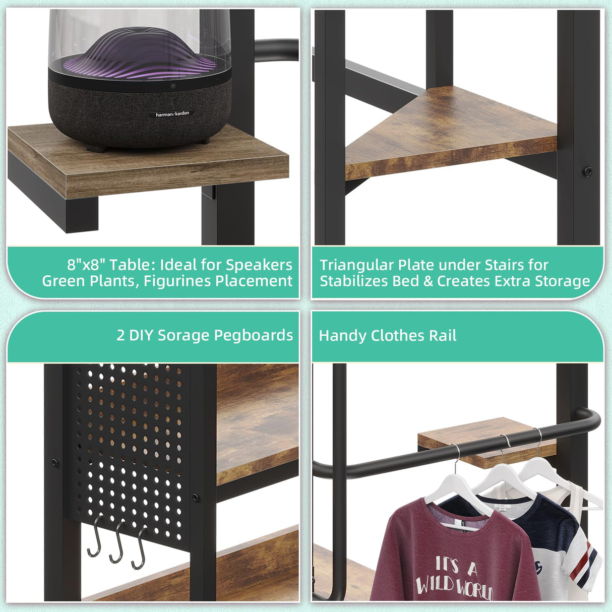 Loft Bed Twin Size with L-Shaped Desk and Storage, Metal Bunk Bed with Desk Underneath and LED Lights & Charging Station, Twin Loft Bed with Desk, 5 Drawer 2 Pegboards, Safety Guard Ladder, Brown BYSAUD