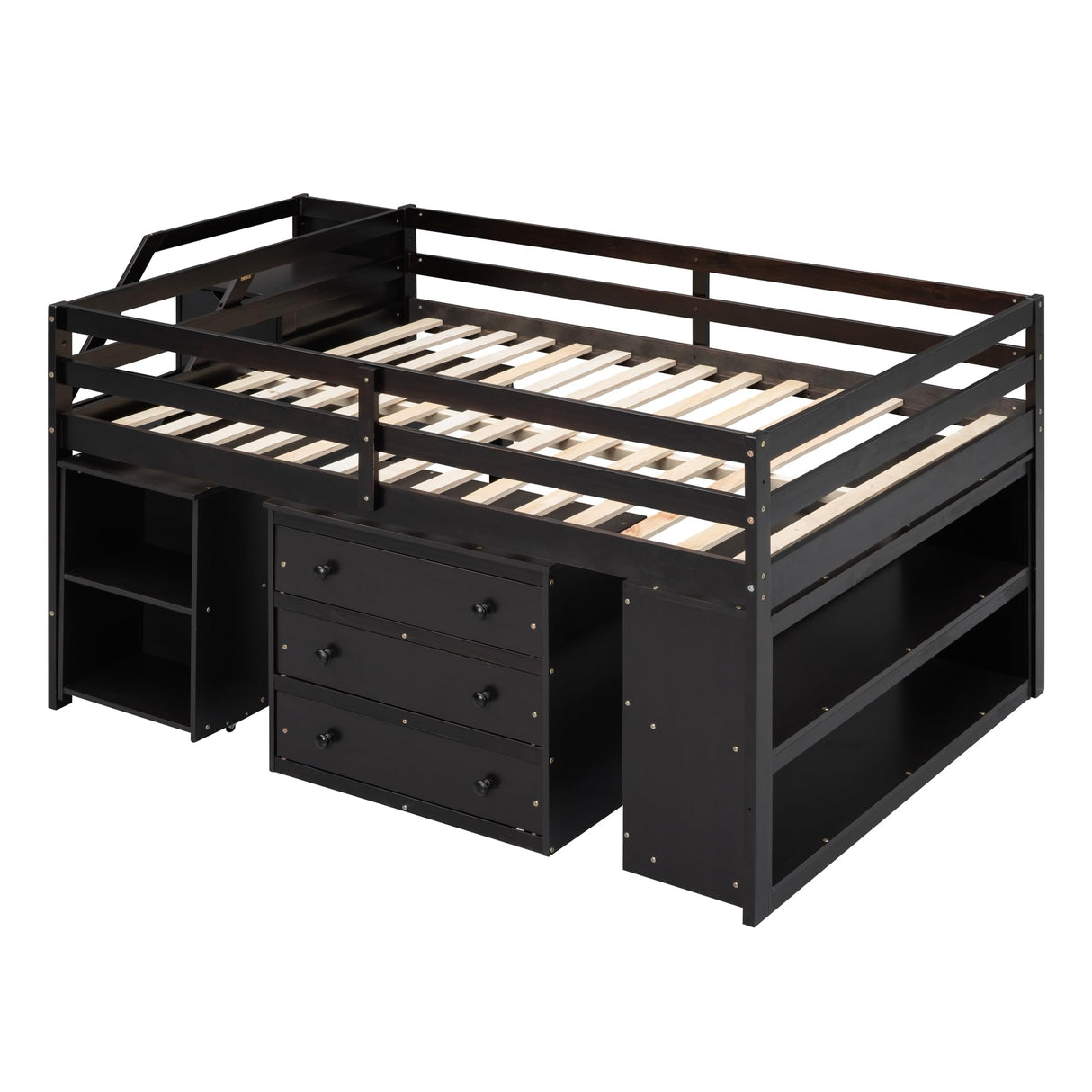 Full Size Low Loft Bed with Stairs and Rolling Desk, Wood Kids Full Loft Bed with Storage Drawers and Shelves, Low Full Storage Bed with Cabinet for Kids, Juniors, Teens (Espresso) Harper & Bright Designs