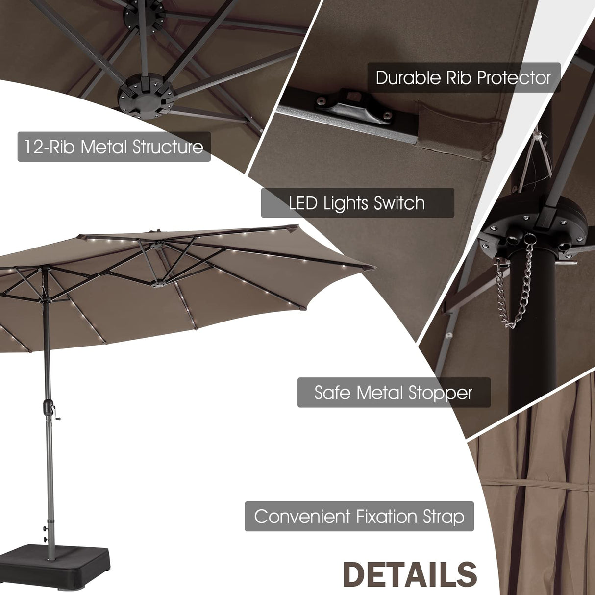 Giantex 15 FT Double Patio Umbrellas with 48 Solar LED Lights, Auto-Charging Panel, Crank System, Outdoor Extra-Large Rectangle Market Table Umbrella for Garden Deck Backyard Beach Pool (Coffee) Giantex