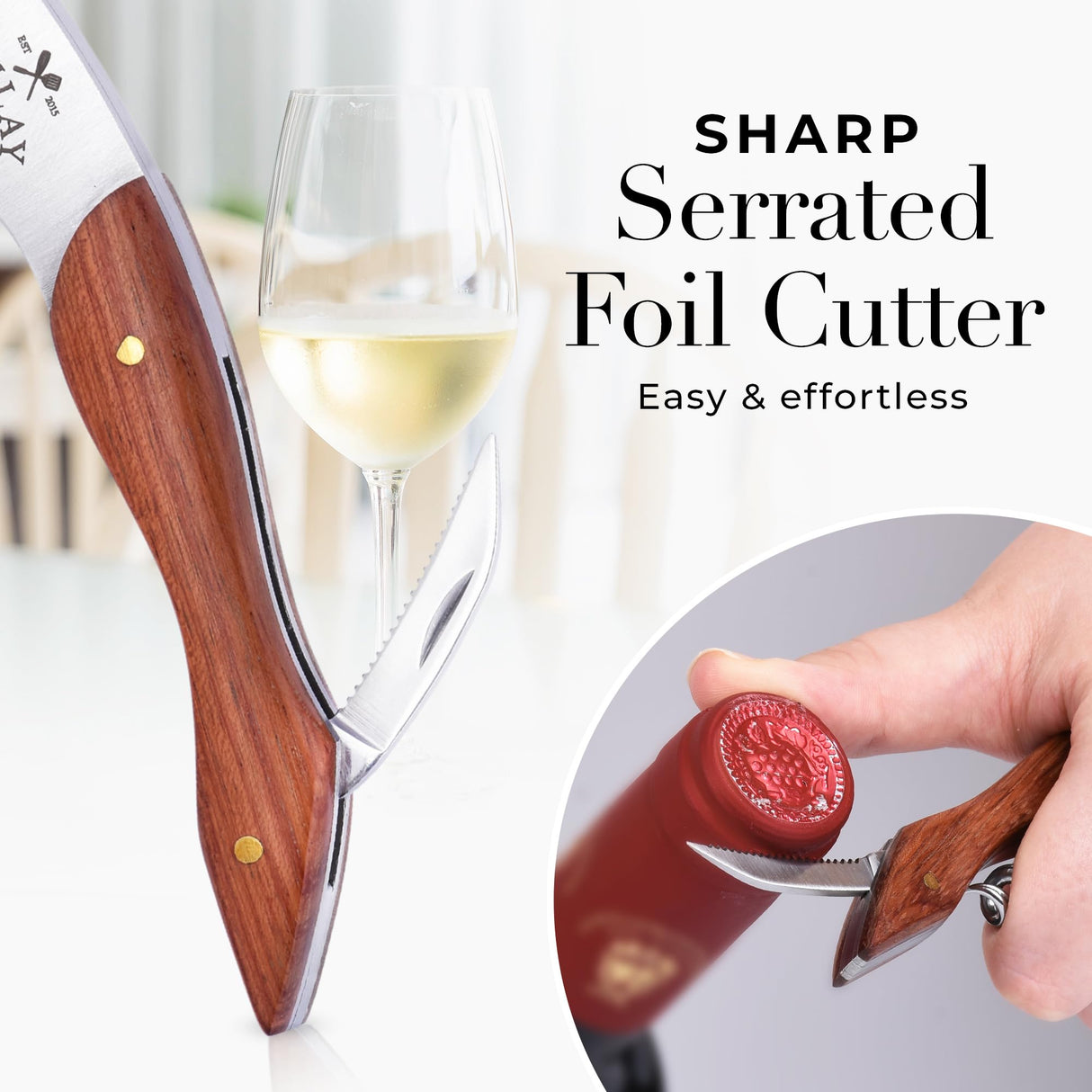 Zulay Kitchen Corkscrew Wine Opener - Premium 420 Stainless Steel & Rosewood Wine Bottle Opener - Double Hinged Opener with Foil Cutter & Cap Remover - Rosewood Zulay Kitchen