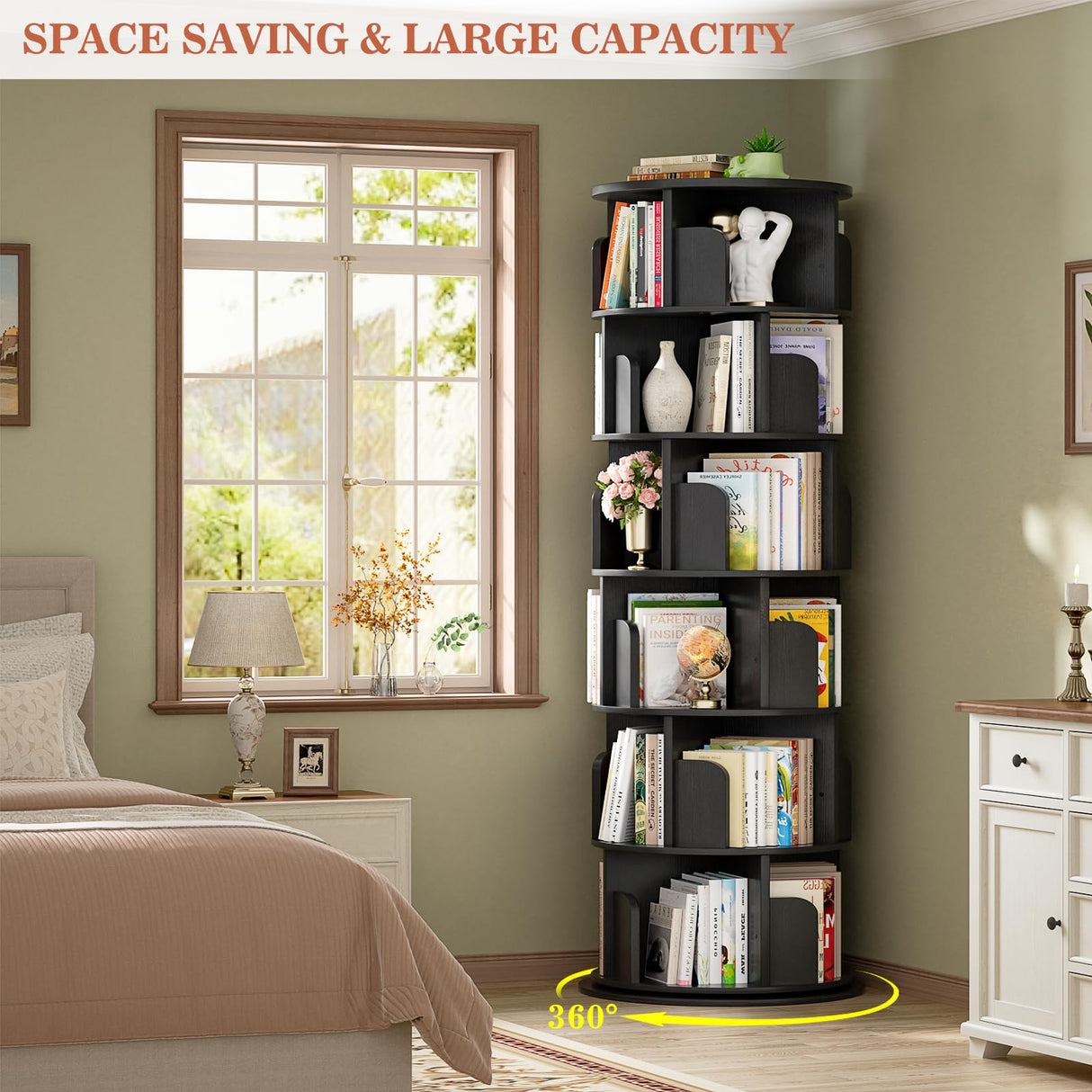 Aheaplus 6 Tier Rotating Bookshelf, Wood Spinning Bookshelf Tower, Round Revolving 360 Bookcase, Narrow Turning Book Shelf Rolling Corner Organizer for Small Space, Bedroom, Office, Black Aheaplus