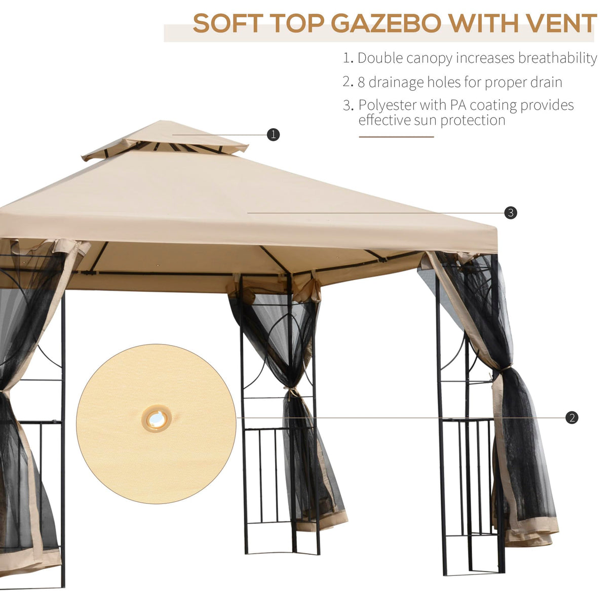 Outsunny 10' x 10' Patio Gazebo with Corner Shelves, Outdoor Gazebo Canopy Shelter with Netting, and Vented Roof, for Garden, Lawn, Backyard and Deck Outsunny