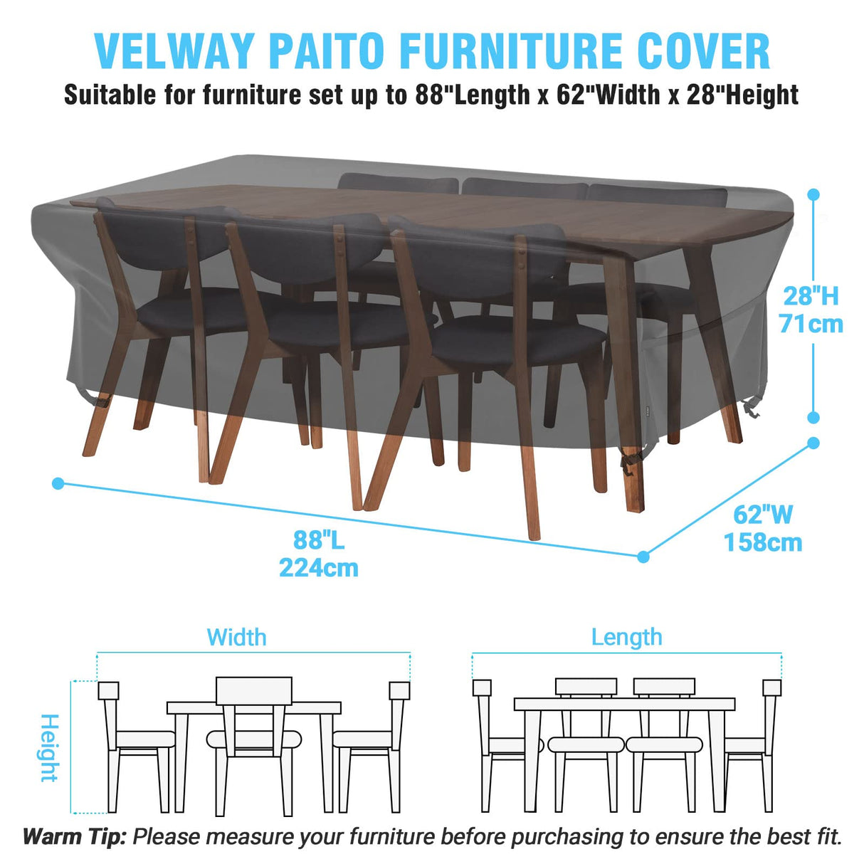 Velway Patio Table Chairs Set - Waterproof 88"L x 62"W x 28"H Outdoor Bistro Dining Set - Fire Pit Table Cover - Furniture Cover - Small Rectangle - Ultra Windproof - UV-Resistant Velway