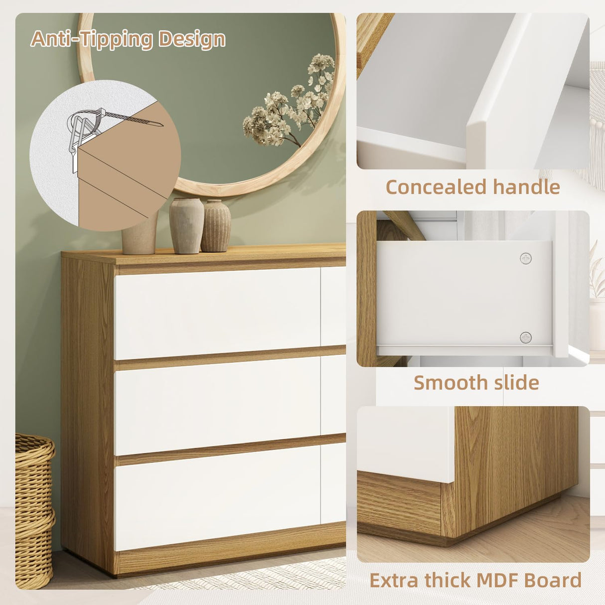YIGOBUY 6 Drawer Double Dresser, Modern White Wood Chest of Drawers, Wide Natural Wood Dresser for Bedroom, Nursery, Living Room, Large Storage Cabinet YIGOBUY