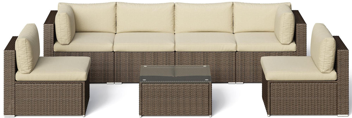 SUNVIVI OUTDOOR 7 Piece Patio Furniture Sets All Weather Gery PE Wicker Couch Sofa with Glass Table, Removable Beige Cushions, Brown Rattan SUNVIVI OUTDOOR
