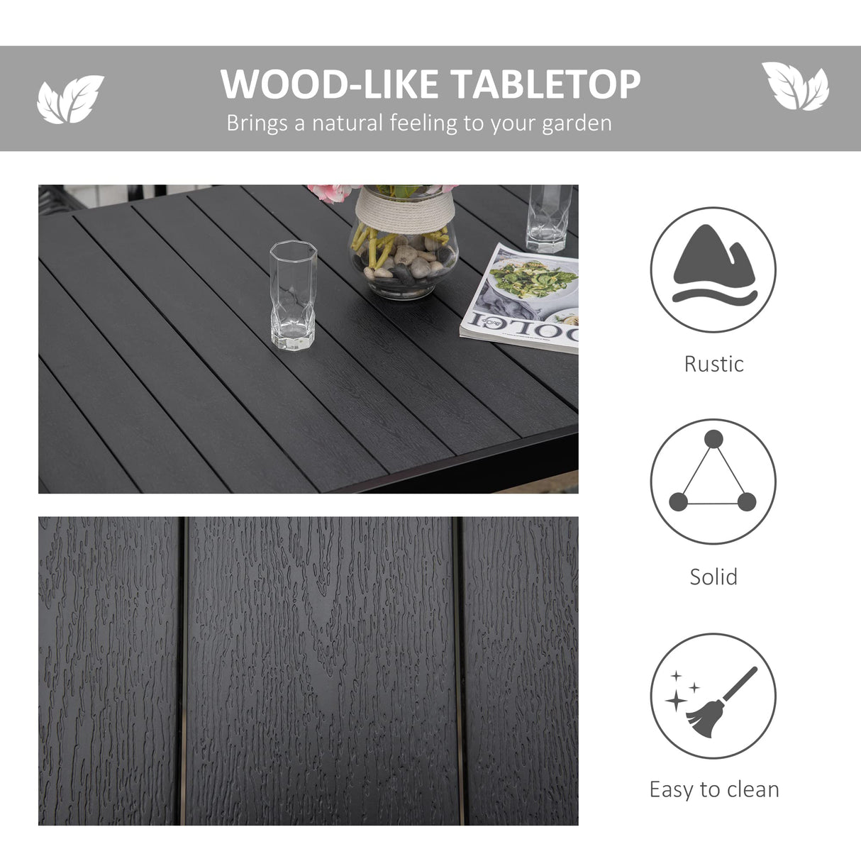 Outsunny Outdoor Dining Table for 6 Person, Rectangular Patio Table, Aluminum Metal Legs for Garden, Lawn, Patio, Woodgrain Black Outsunny