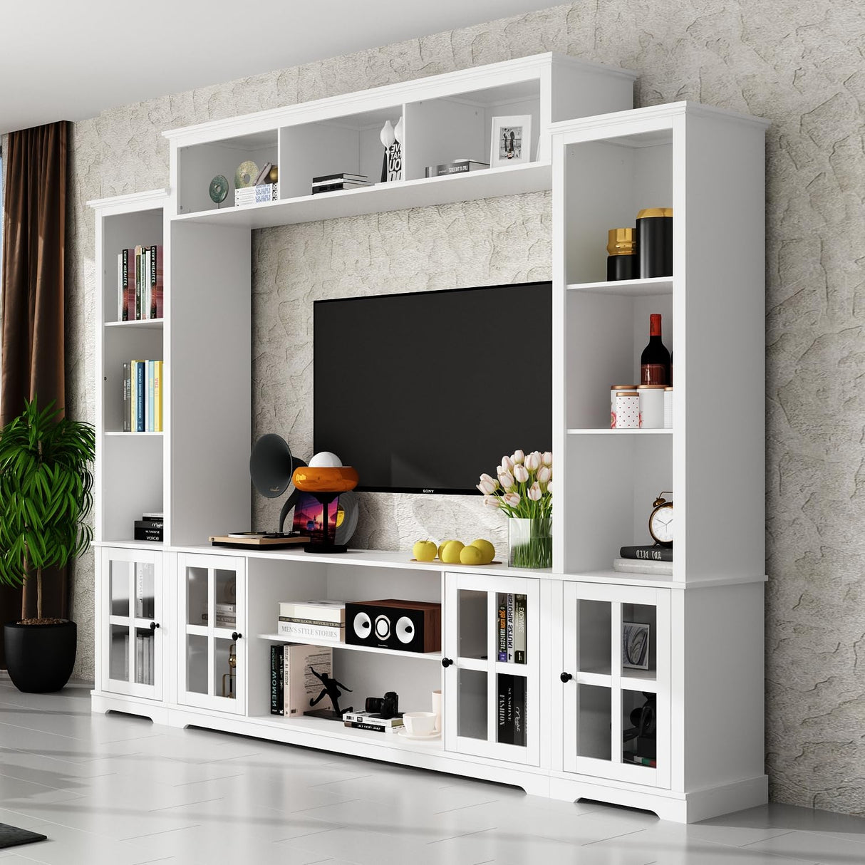 WOODTIME Large Wall Unit Entertainment Center with Bookshelves, Modern 4-Piece TV Stand with Bridge Cabinet & 19 Shelves, Media Console Table with Glass Doors for Living Room & Home Theater, White WOODTIME