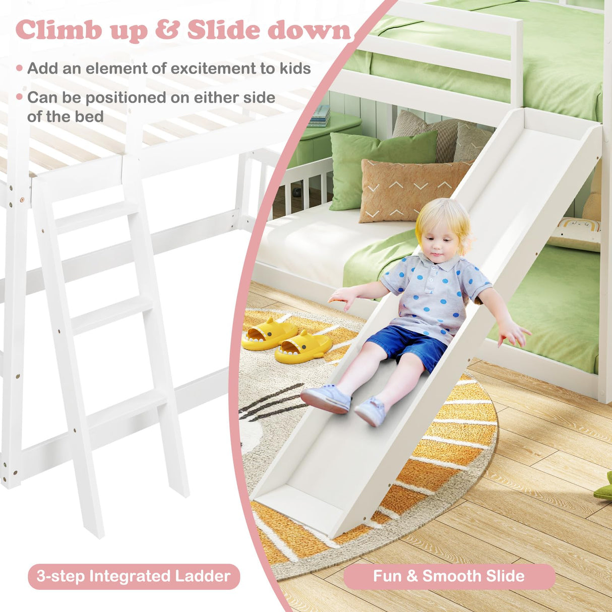Giantex Wood Kids Bunk Bed with Slide & Ladder, Twin Over Twin House Bed with Full-Length Guardrails, Montessori Floor Bunk Bed Frame for Kids Teens Girls Boys, No Box Spring Needed, White Giantex