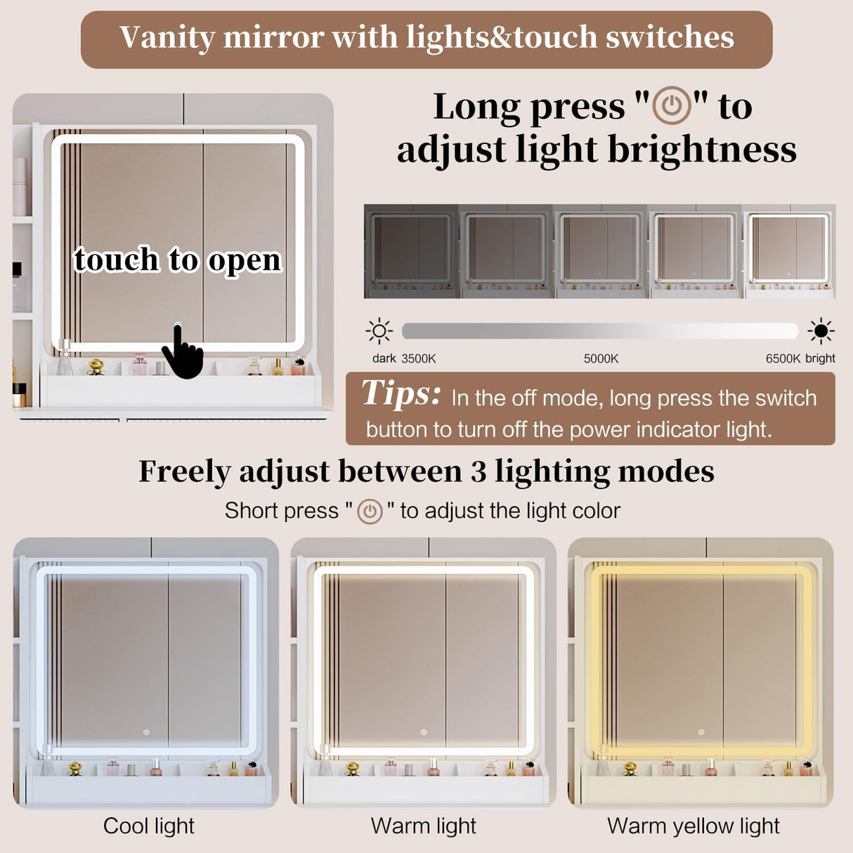 Large Vanity Desk with 3 Color Touch Screen Dimming Mirror, Vanity Desk with Charging Station, Modern Retractable Makeup Dressing Table, Vanity Table With storage shelves and 5 Sliding Drawers, White YYJ