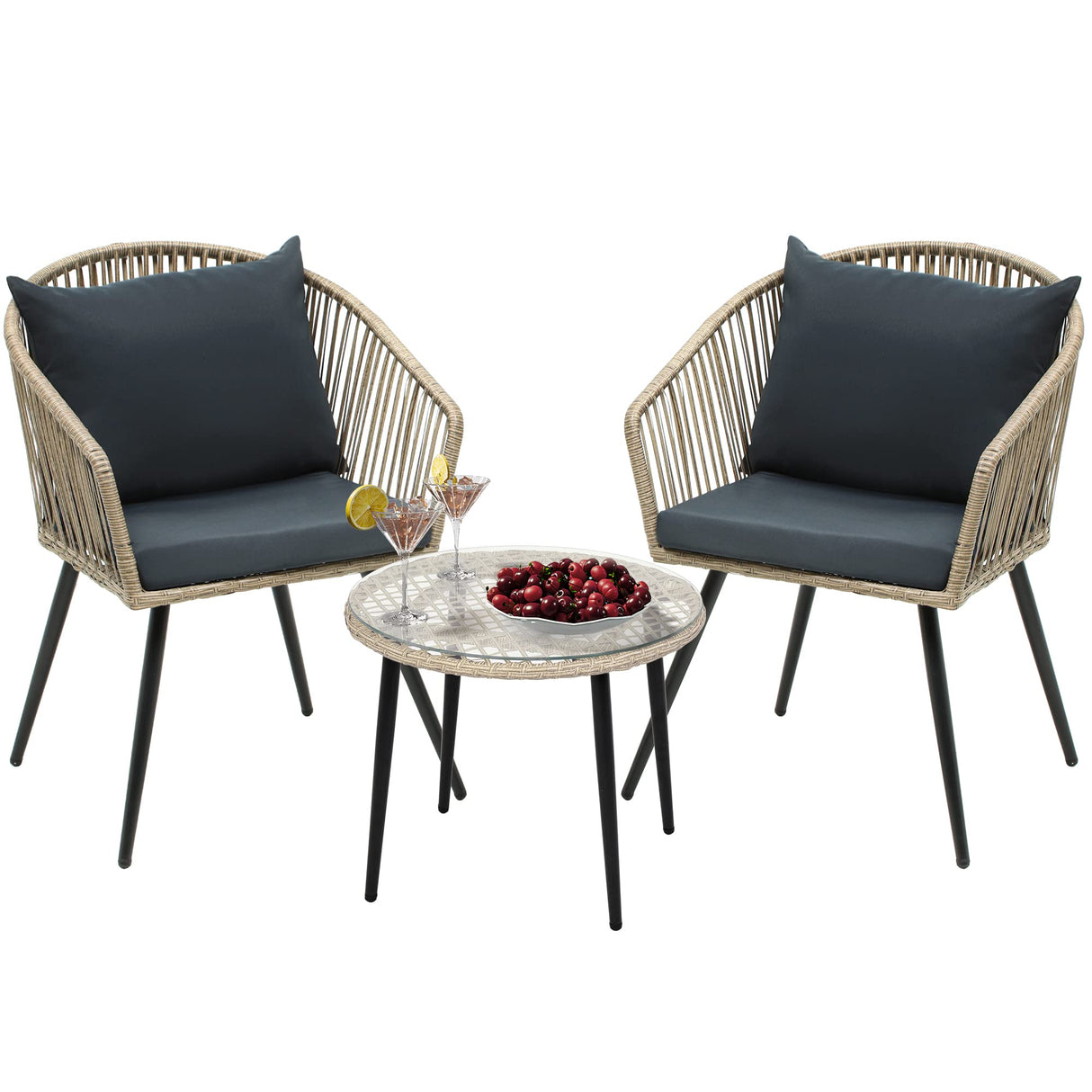 YITAHOME 3-Piece Outdoor Patio Furniture Wicker Bistro Set, All-Weather Rattan Conversation Chairs for Backyard, Balcony and Deck with Soft Cushions, Glass Side Table, Gray Rattan YITAHOME