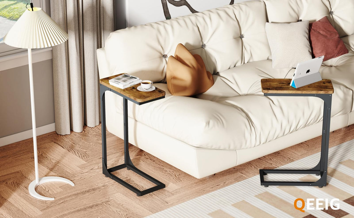 QEEIG Narrow C Shaped Side Table Set of 2 Living Room Sets Slim Couch Tray Tables Skinny Thin Small Farmhouse 7 inch Width, Rustic Brown (017-18BN) QEEIG