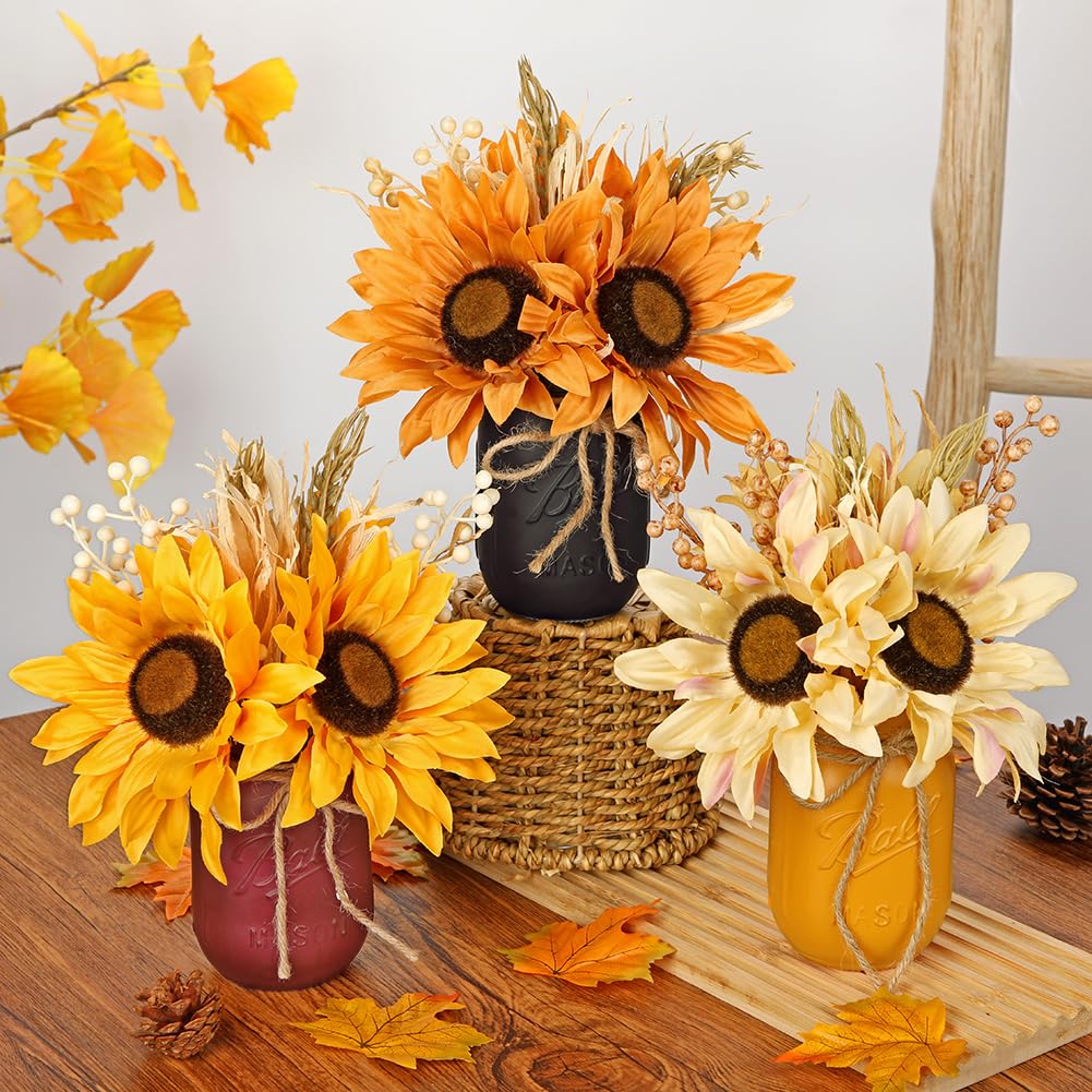 Fall Sunflower Mason Jar Centerpiece – Artificial Autumn Flowers in Rustic Glass Vase with Rope, Farmhouse Table Decor for Thanksgiving, Kitchen, Tiered Tray, Living Room, Mantel, Bathroom, Wedding DILATATA