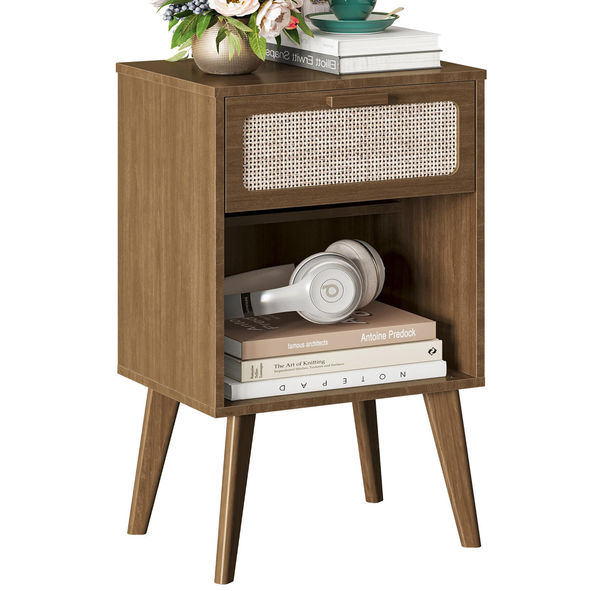 YAUKOMEL Rattan Nightstand,Mid Century Modern Bedside Table with Drawer,Wood Nightstand with Solid Wood Legs,End Table Side Table Accent Table for Living Room,Bedroom,Small Space Caramel Oak CTG62BR YAUKOMEL