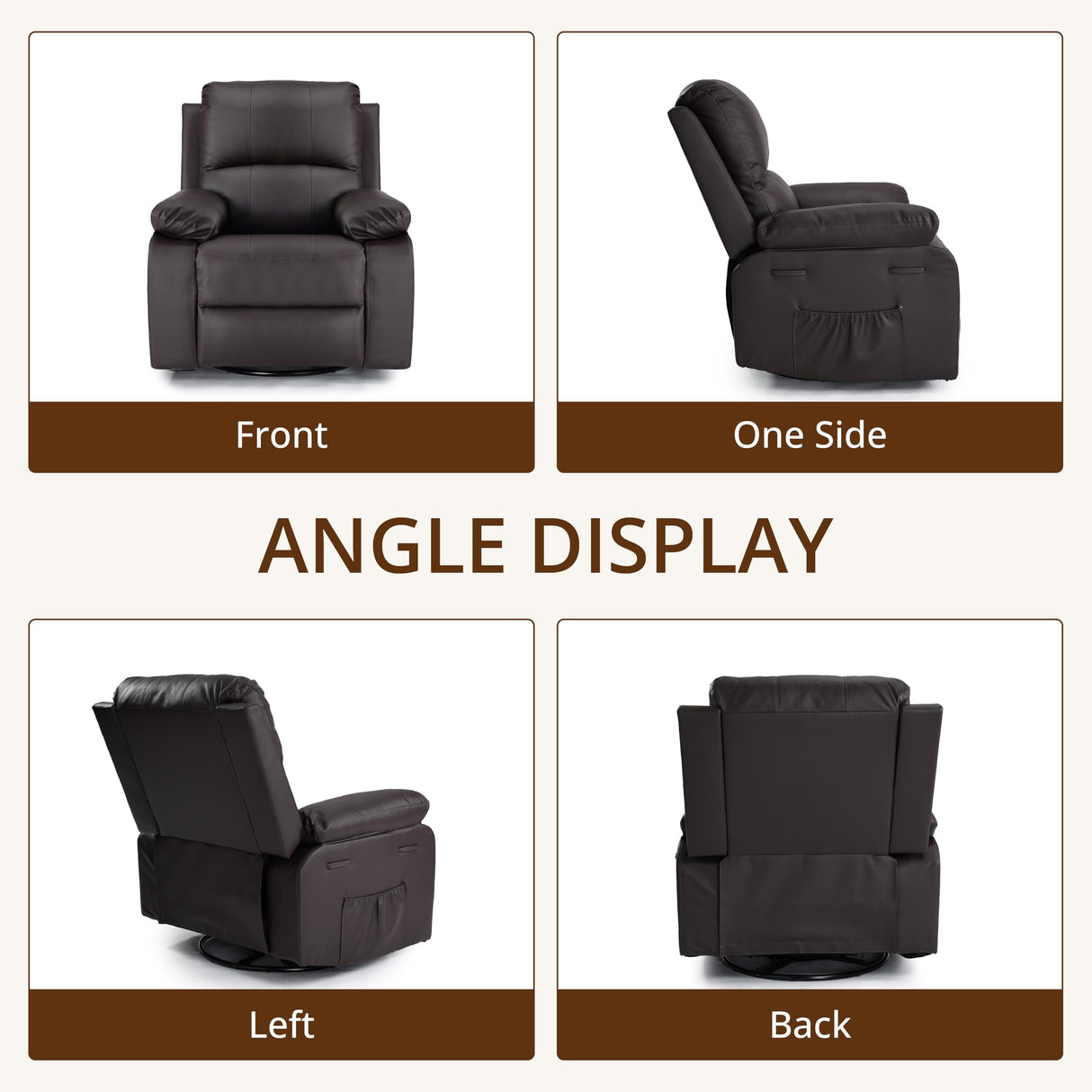 zzlay 360° Swivel Rocking Leather Recliner Chair for Adults, Overstuffed Manual Recliner with Spring Cushion, Glider Rocking Nursery Single Sofa with Side Pockets for Living Room, Coffee Brown zzlay