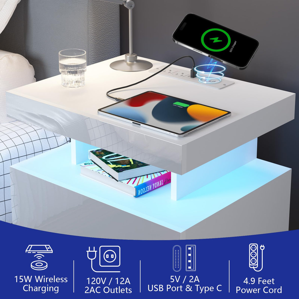 HOMMPA LED Nightstand with Wireless Charging Station & USB Ports High Gloss Bedside Table with LED Light RGB Adjustable Brightness Smart Nightstand 2 Drawers Night Stand for Bedroom White HOMMPA