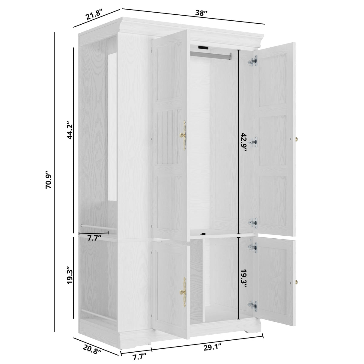 LIKIMIO Armoire Wardrobe Closet with Mirror, 70” Wooden Wardrobe Cabinet with 4 Doors, 2 Open Storage Shelves, Freestanding Bedroom Armoire with 3 Hooks & Hanging Rod for Home Room, White LIKIMIO