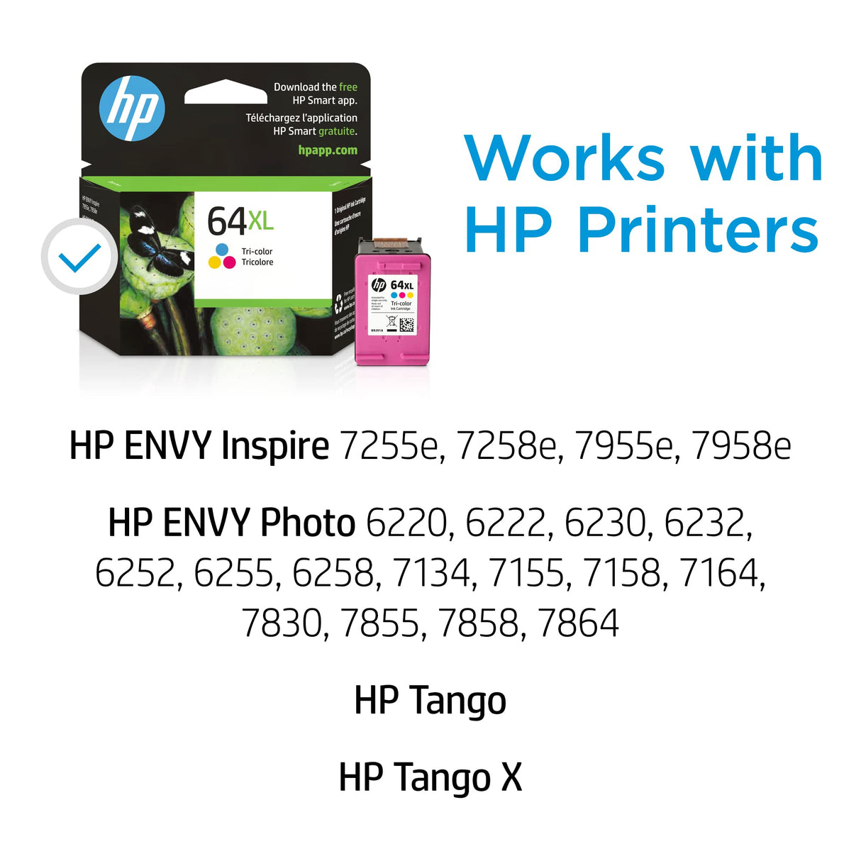 HP 64XL Tri-color High-yield Ink Cartridge | Works with HP ENVY Inspire 7950e; ENVY Photo 6200, 7100, 7800; Tango Series | Eligible for Instant Ink | N9J91AN HP