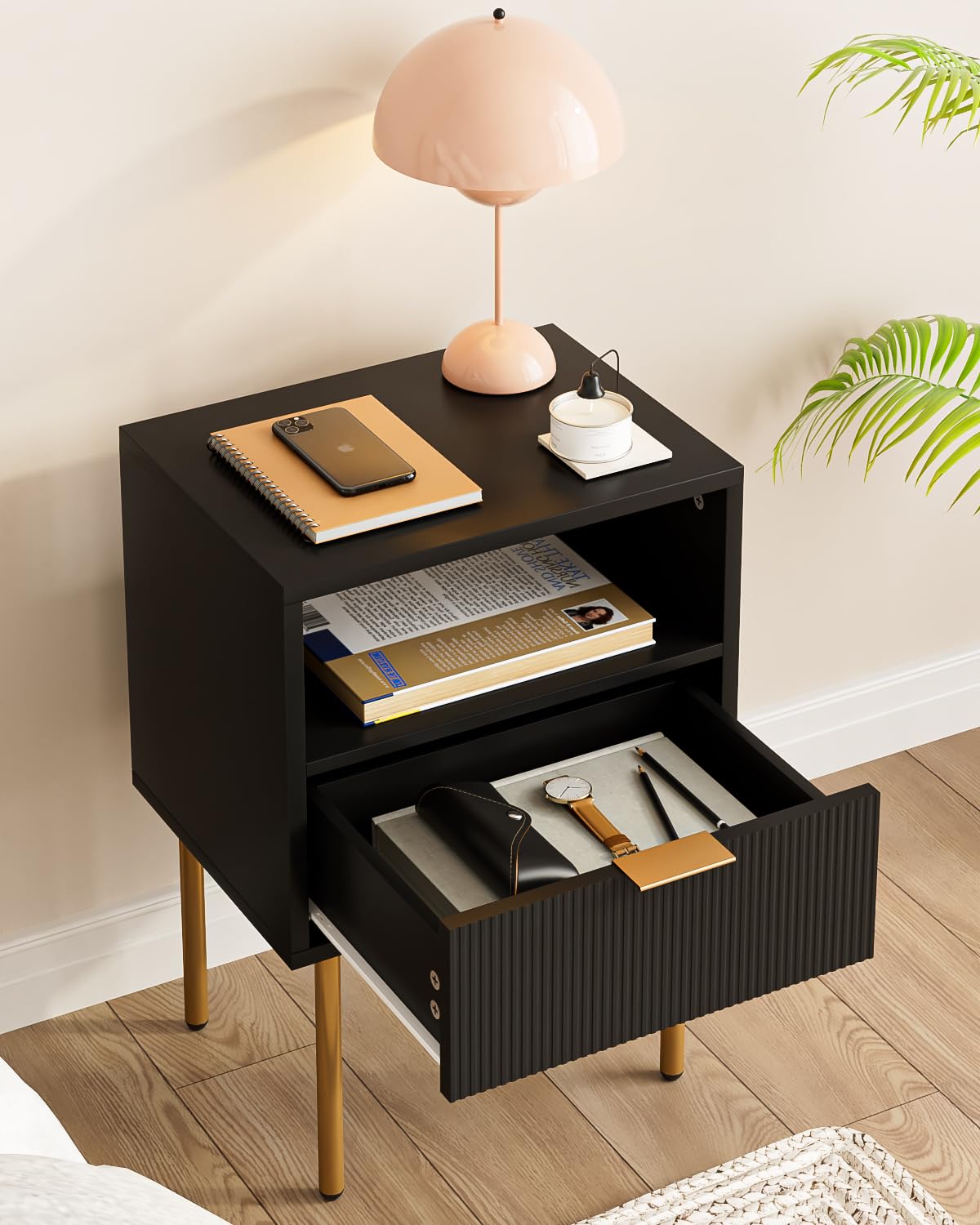 AEPOALUA Nightstand,Small Bedside Table with Gold Frame,Black Night Stand,Bedside Furniture,End Table,Side Table with Drawer and Shelf for Bedroom,Living Room (Modern-Stripe, Black) AEPOALUA