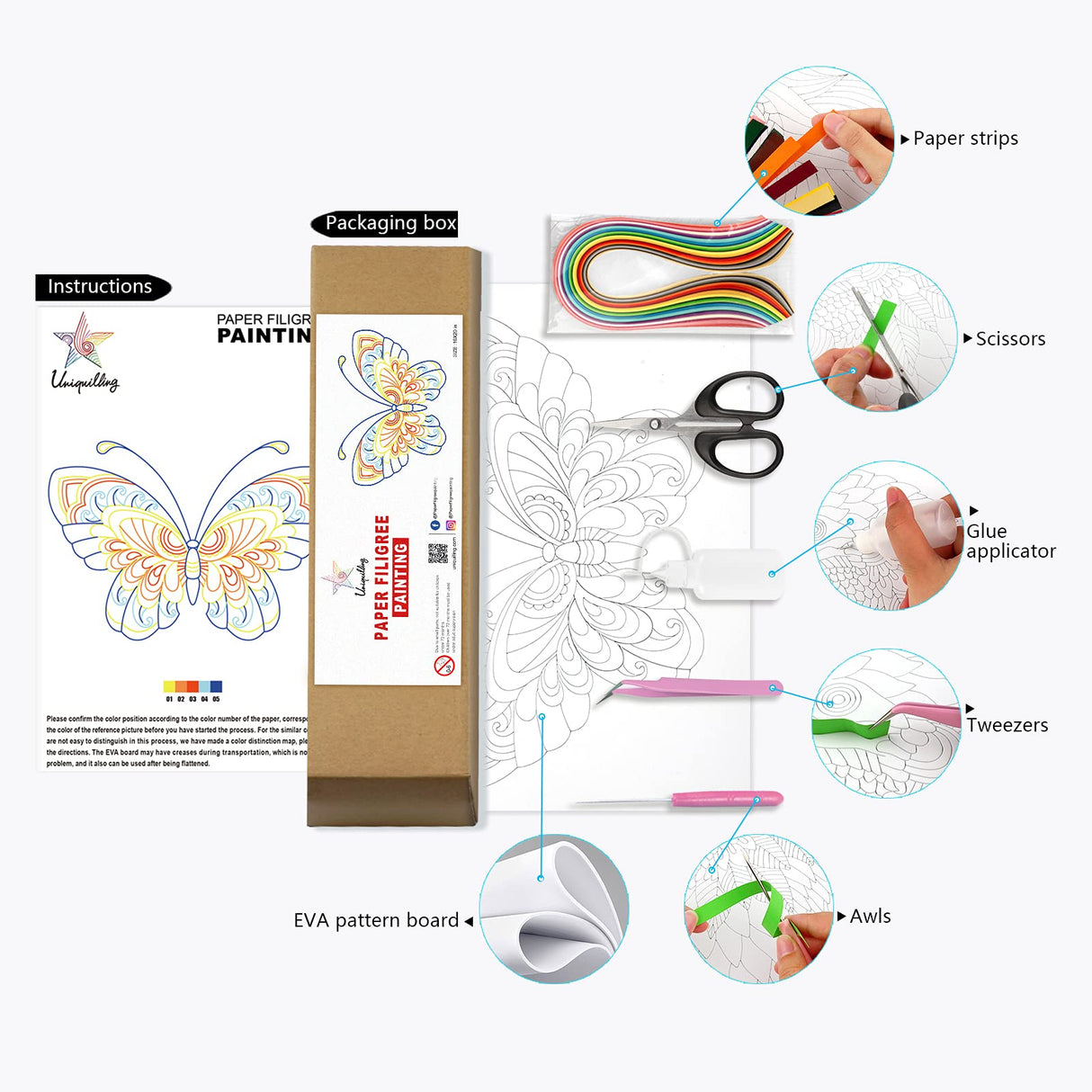 Uniquilling Quilling Paper Quilling Kit for Adults Beginner, 8 * 10-inch Blue Butterfly, Exquisite DIY Paper Filigree Painting Kits Quilling Tools, Home Room Wall Art Decor Best Gifts(Basic) Uniquilling