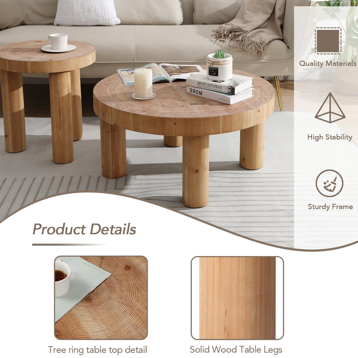 RUSTOWN 2-Piece Round Farmhouse Coffee Table, Rustic Coffee Table and End Table Sets, Circle Wooden Ring Finish with Solid Wood Legs, Center Table Set for Living Room (Natural) RUSTOWN