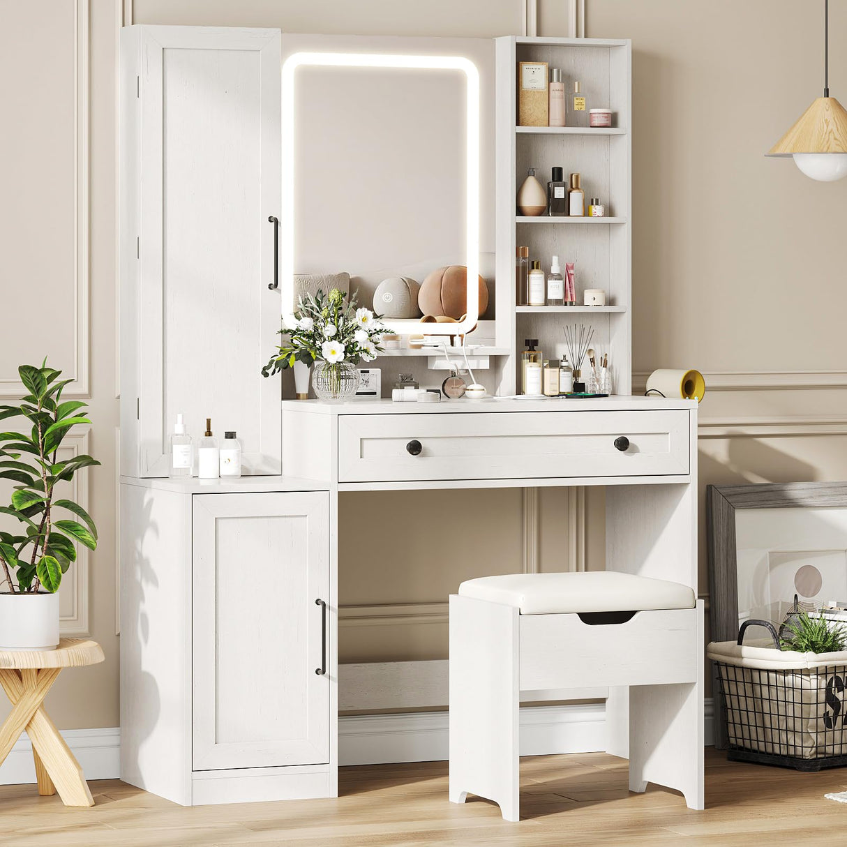 Makeup Vanity Desk with Mirror and Lights, White Vanity with Jewelry Storage Cabinet, Vanity Table Set with Chair and Large Drawer, Cabinets and Multi-Shelf, Charging Station, 3 Color Lighting Maupvit