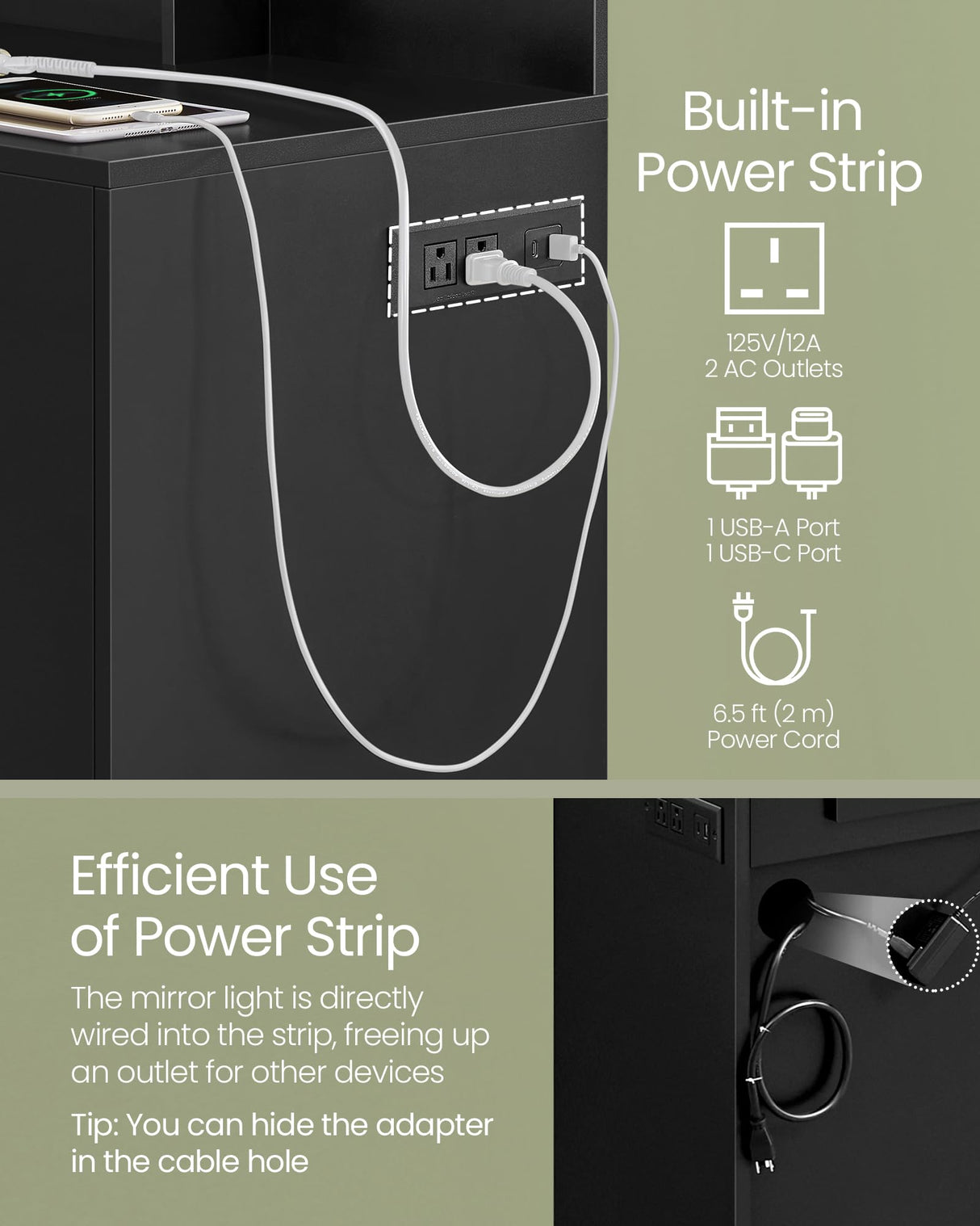 VASAGLE Vanity Desk with Mirror and Lights, 43.3-Inch Wide Makeup Vanity with Upholstered Vanity Stool, Power Outlets, Dimmable LED Lights, Storage Drawer, for Bedroom, Ink Black URDT628B01 VASAGLE