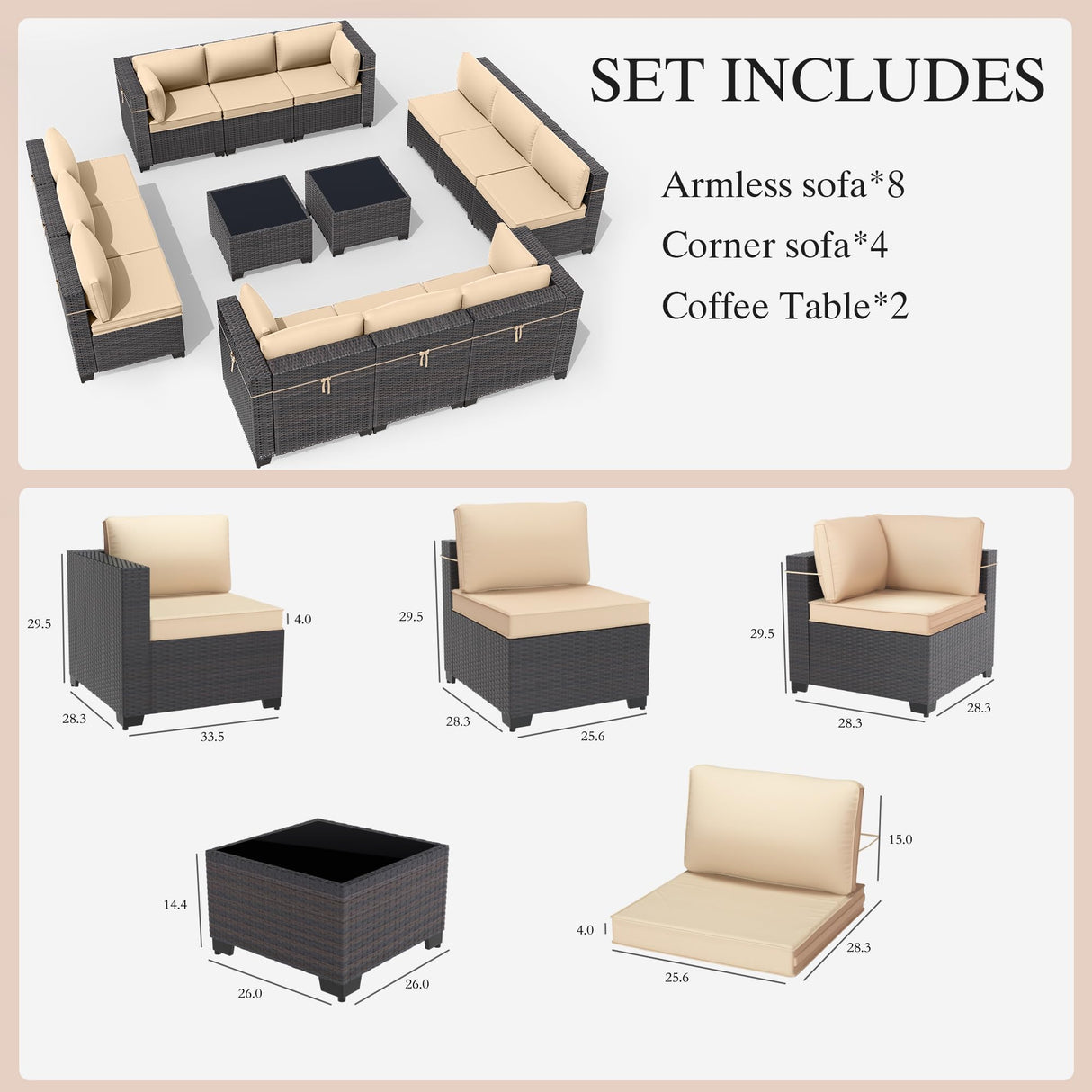 Gotland 14-Piece Outdoor Patio Furniture Set - All-Weather PE Rattan Sectional Wicker Conversation Set with 12 Replaceable Khaki Waterproof Cushions and 2 Coffee Tables Gotland