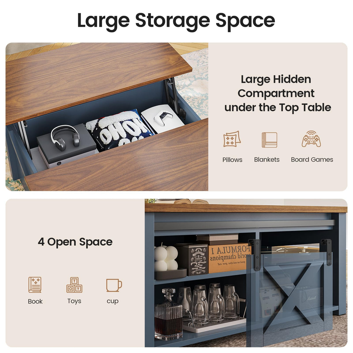 SEDETA 31.5" Lift Top Coffee Table with Storage, Square Coffee Tables for Living Room, Farmhouse Coffee Table with Large Hidden Storage Compartment and Adjustable Shelves, Blue SEDETA