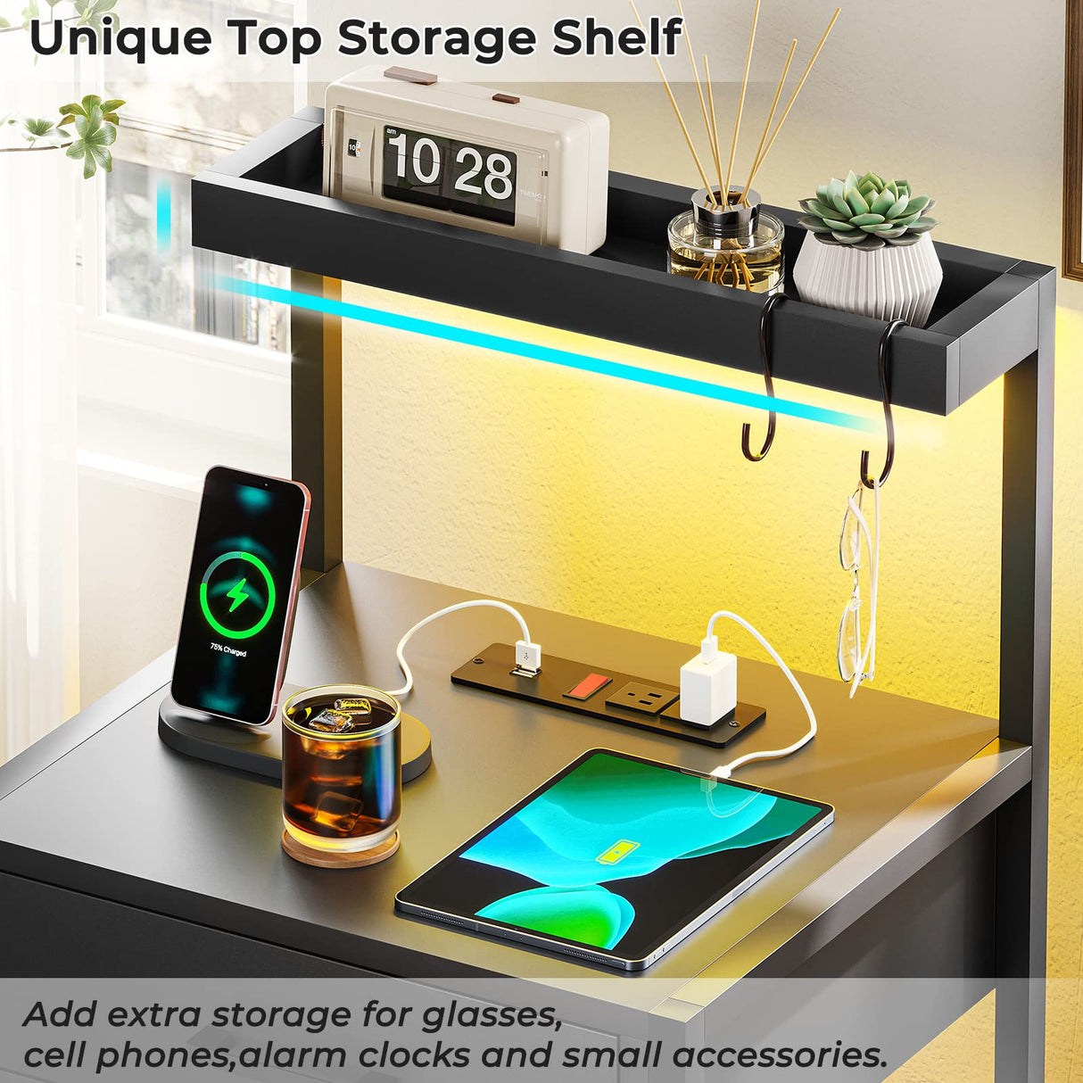 Nightstand with Charging Station and LED Lights, LED Night Stand with 2 USB Ports and 2 AC Outlets, Modern End Table with 3 Drawers, Bedside Table with Open Storage for Bedroom, Black AOGLLATI