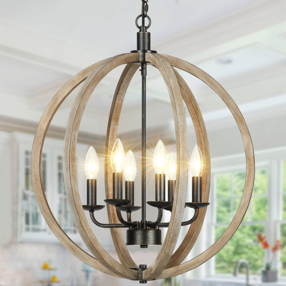 Derksic Orb 6-Light Farmhouse Chandelier 20" Rustic Vintage Wood Chandelier Wooden Globe Chandelier for Kitchen Island Living Room Dining Room Bedroom Foyer Stairwell, Brown Derksic