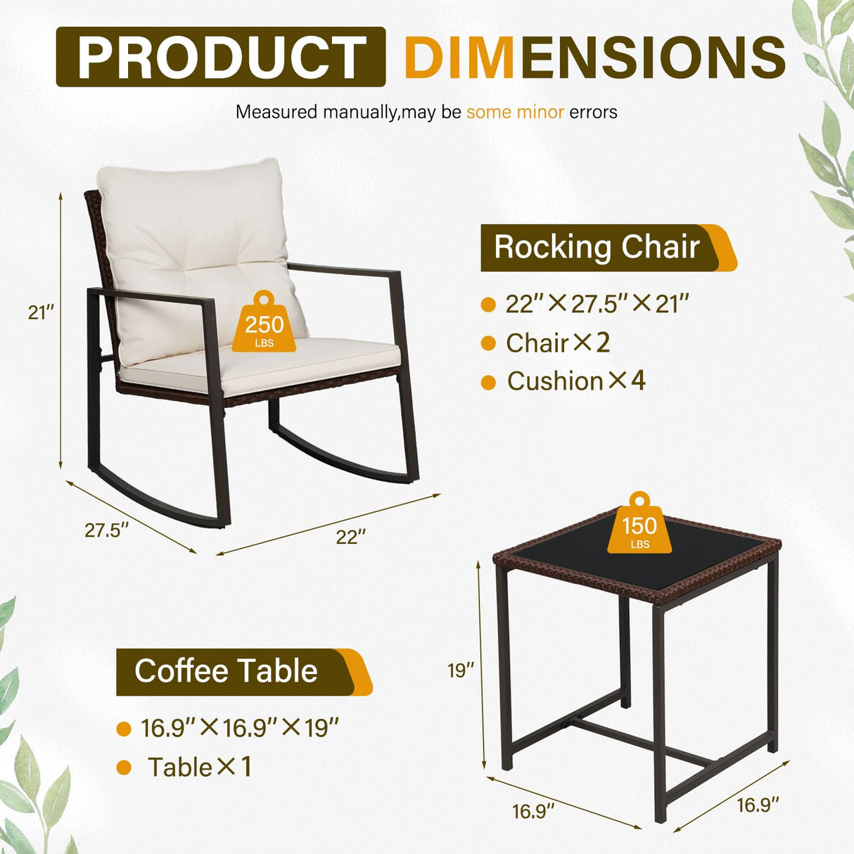 SUNCROWN 3-Piece Patio Bistro Set Outdoor Rocking Chairs Set Brown Wicker Porch Chairs with Glass Coffee Table, Beige Cushion SUNCROWN