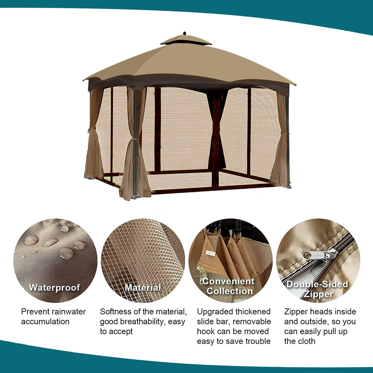 Gazebo Universal Replacement Mosquito Netting - Wonwon Outdoor Gazebo Canopy 4-Panel Screen Walls with Zipper for 10' x 12' Gazebo (Mosquito Net Only) (Brown) Wonwon