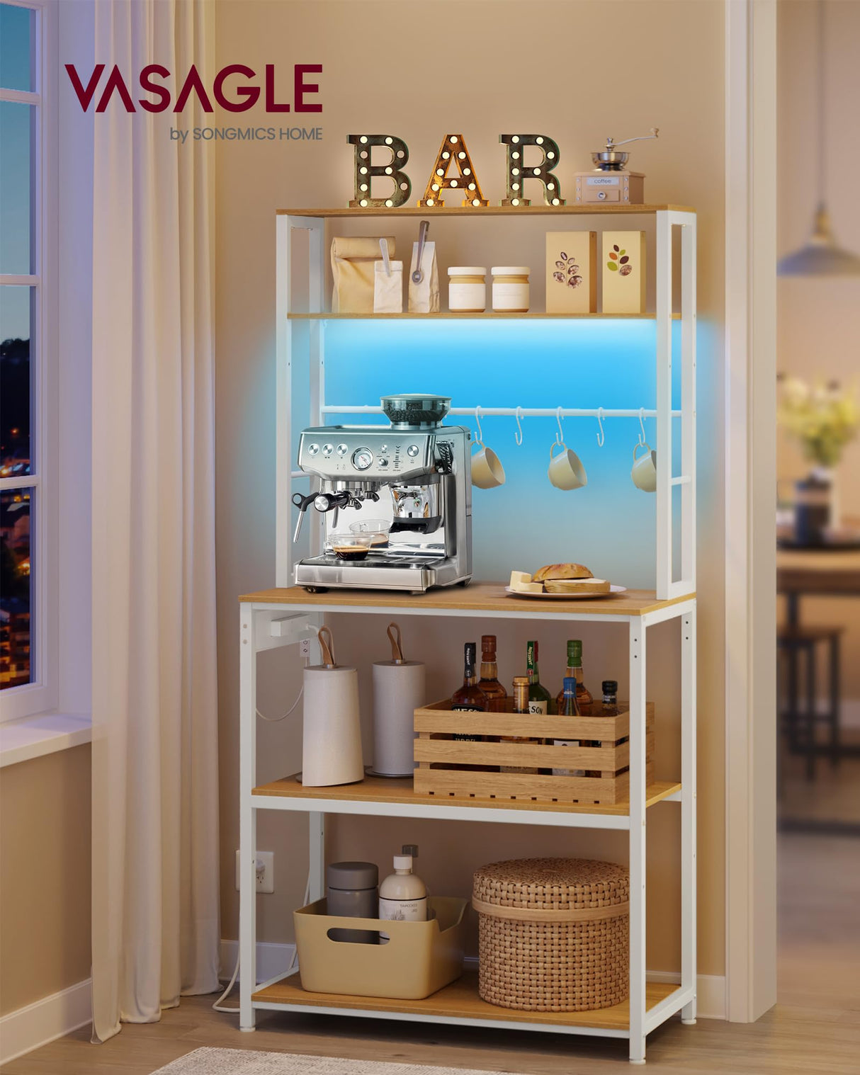 VASAGLE Coffee Bar with LED Lights, Kitchen Bakers Rack with Power Outlet, Microwave Stand with Adjustable Shelves, 8 Hooks, 15.7 x 31.5 x 65.7 Inches, Golden Oak and Matte White UKKS050Y01 VASAGLE