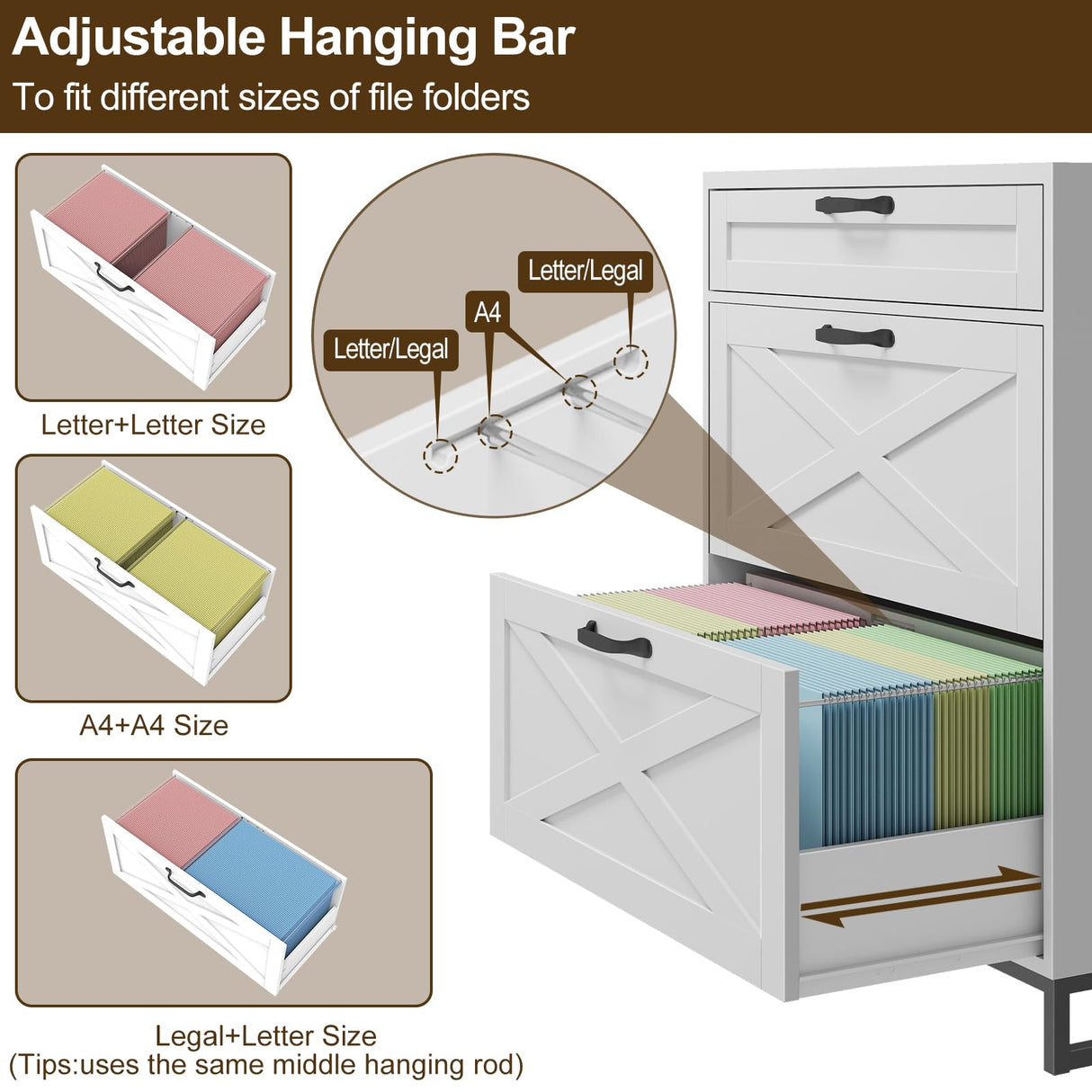Lateral File Cabinet with 3 Drawers, Modern Farmhouse File Cabinet for Legal/Letter/A4 Size Hanging Files, Printer Stand Large Wood Home Office, White Vabches