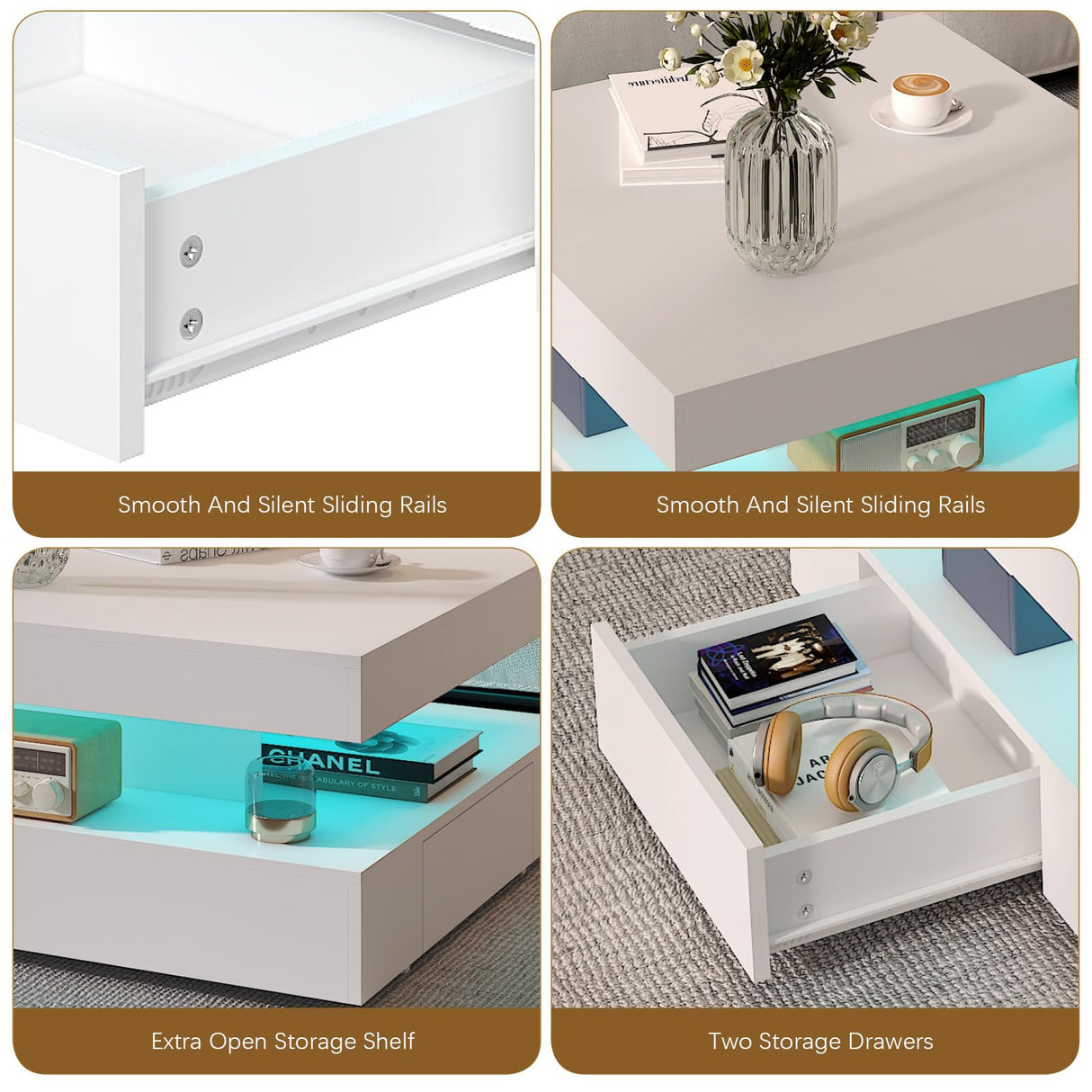 White LED Coffee Table with 2 Storage Drawers for Living Room Square Center Middle Table Modern Cocktail Table with Light 2-Tier Tea Tables Contemporary Mid Century Wood Home Office Waiting Room HedoAjim