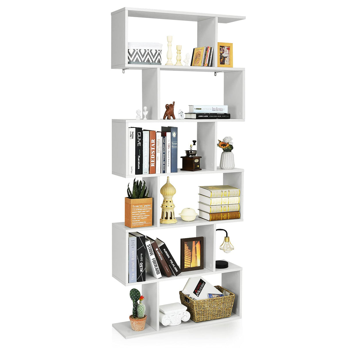 Tangkula 6 Tier S Shaped Bookshelf, 31.5''L x 9''W x 75''H, Wooden Bookcase and Bookshelves w/Anti-Toppling Device, Room Divider Display Shelves for Living Room, Home Decor, 6 Shelf Bookshelf Tangkula