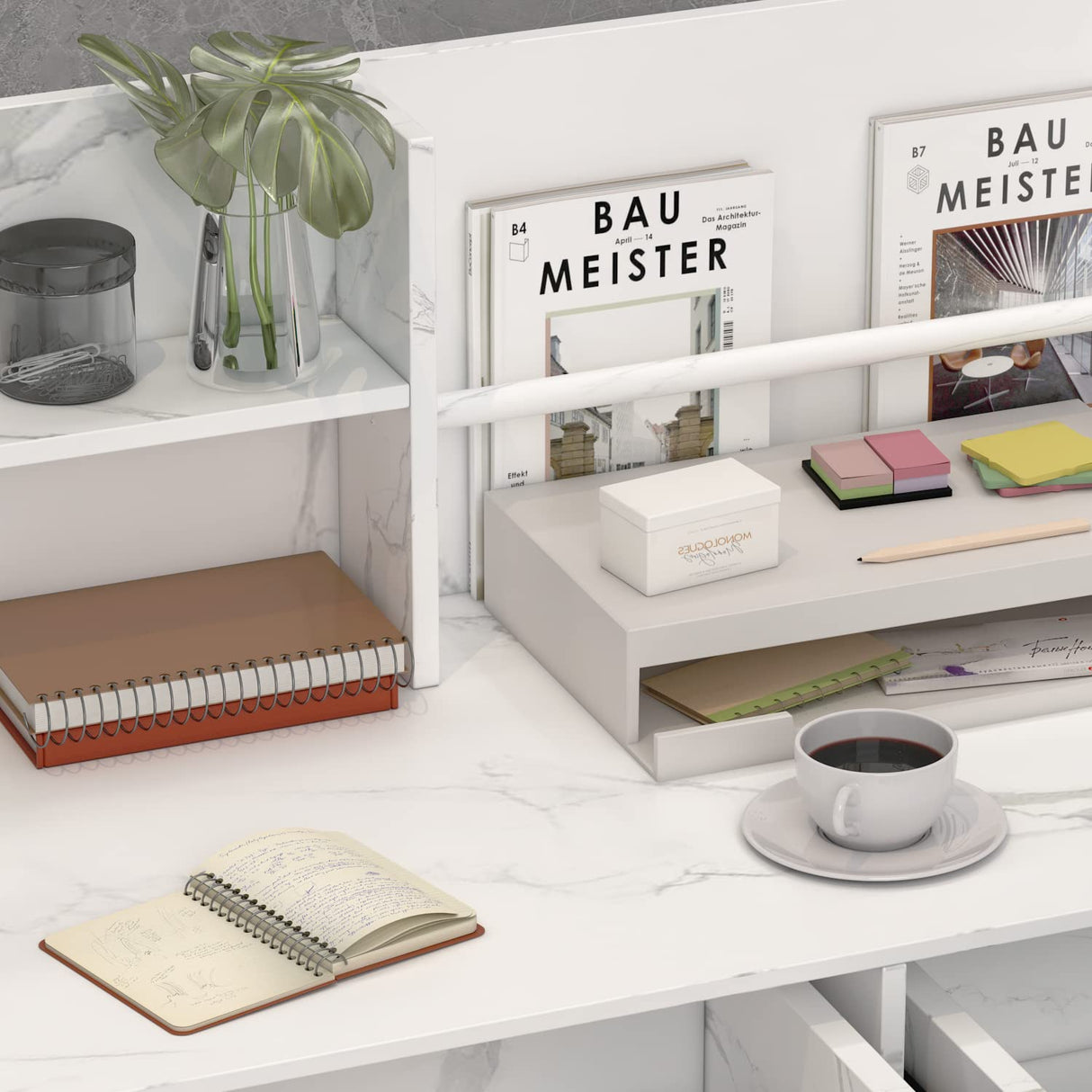 AIEGLE Reception Desk with Drawers & Storage Shelves, Reception Table with Private Panels, for Salon Reception Room Checkout Office, Marble White (47.3" L x 18.3" W x 43.3" H) AIEGLE