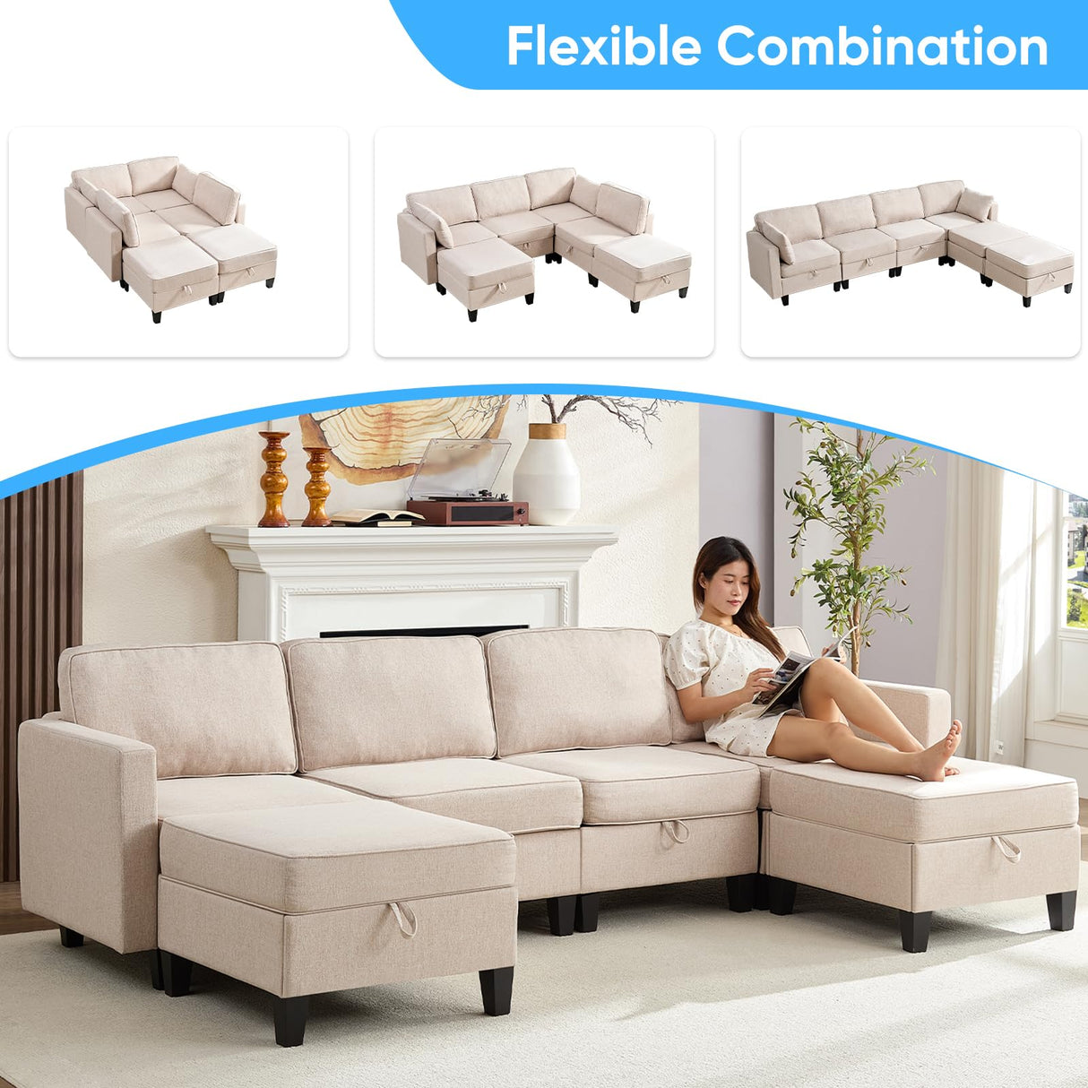 Mjkone 109" Width Modular U Shaped Sofa Couch with Storage, Convertible Sectional Couches for Living Room Sets Furniture with Reversible Chaise, 4 Seat Sofa Couch with Ottomans for Home Office, Beige Mjkone