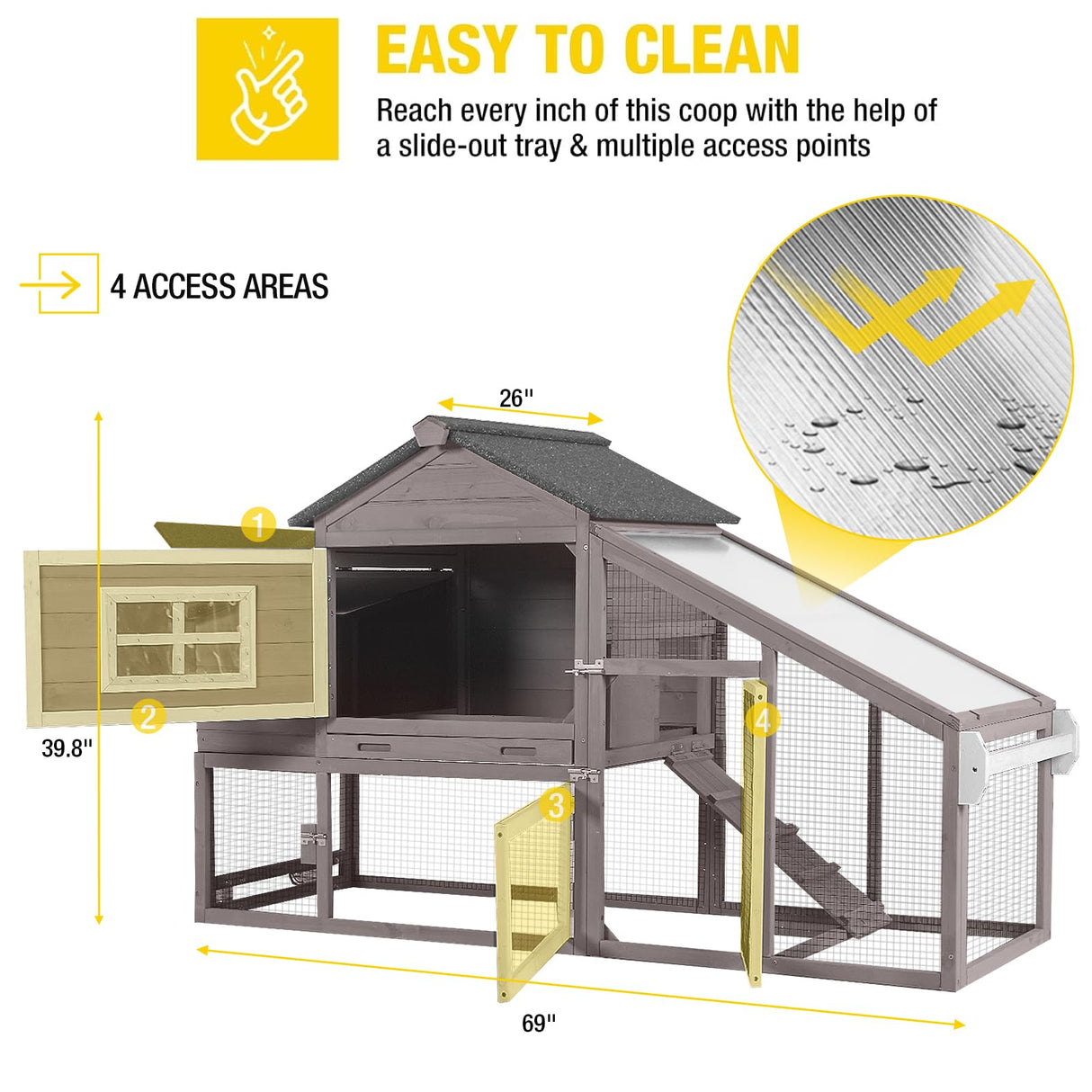 Aivituvin Chicken Coop Outdoor with Wheels, Mobile Hen House Wooden Poultry Cage with Run & Waterproof Roof (Grey with White) Aivituvin