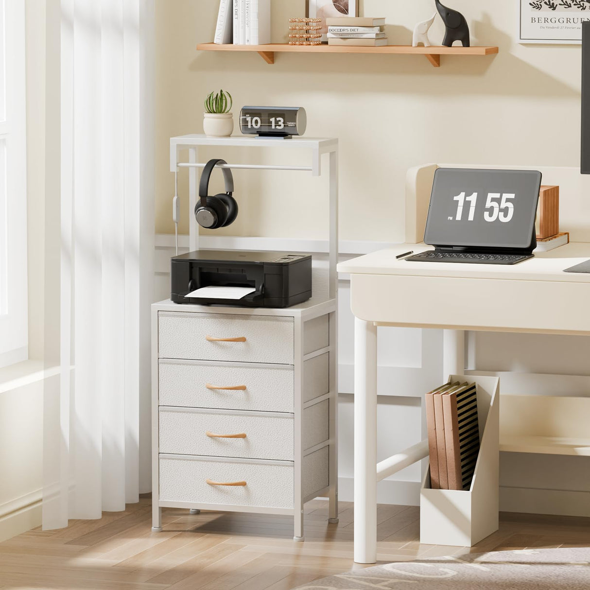 Furnulem White Tall Nightstand, LED Night Stand with Charger Station and Storage Shelves, 4 PU Finish Fabric Storage Drawers, Bedside Table, Bed Side Table for Bedroom,Dorm,Office Furnulem