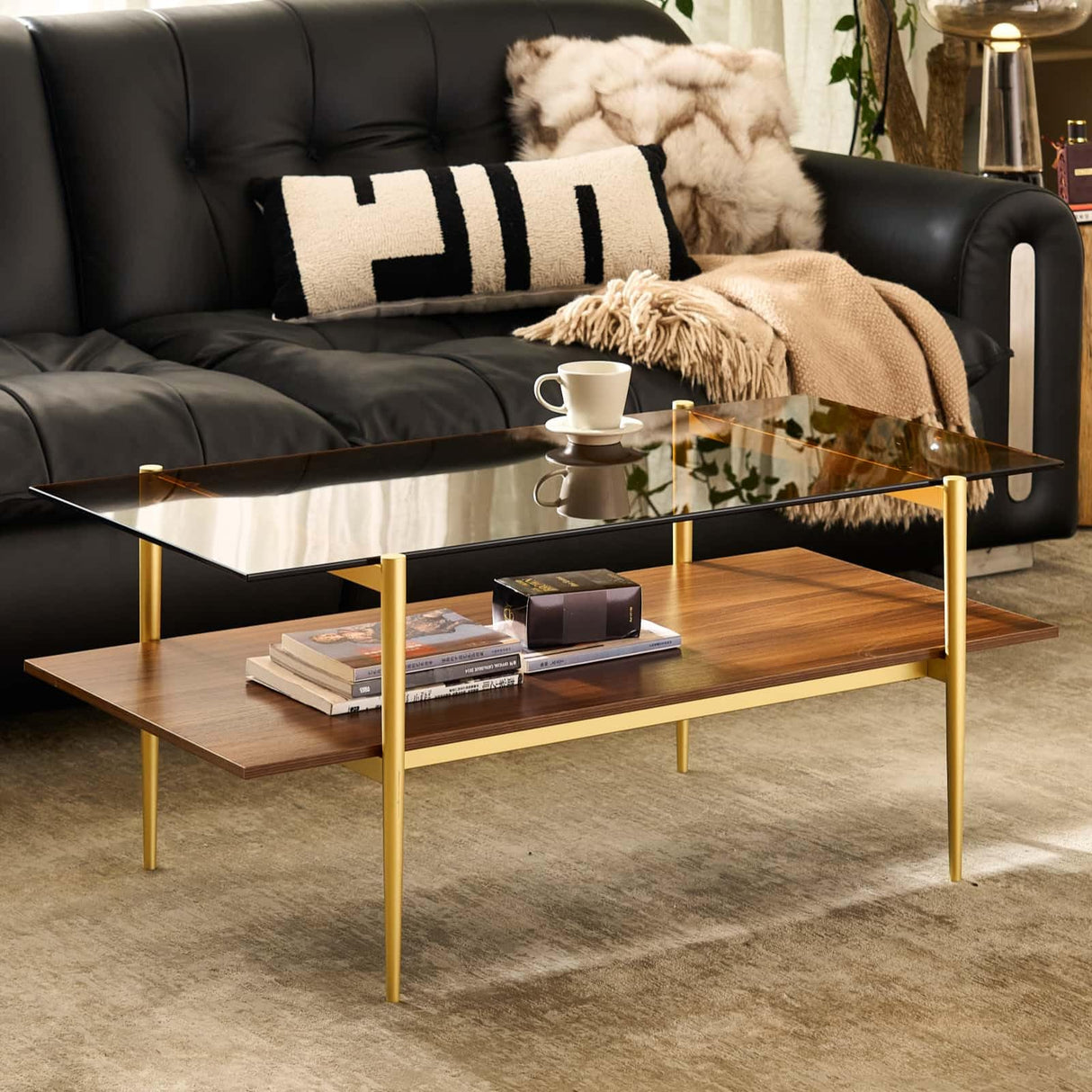 AGV LIGHTING 202206 Tadio Glass Coffee Table, Double Layer Coffee Table for Living Space, Gold Finish Frmae, Coffee Brown Glass Top & Walnut Brown Wood Top AGV LIGHTING