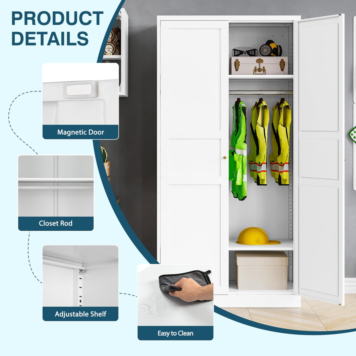 MIIIKO Wardrobe Closet with 2 Doors, 72" Metal Clothing Storage Cabinets with Hanging Rod, Bedroom Armoires Laundry Room and Office Clothes Storage Organizer Cabinets MIIIKO